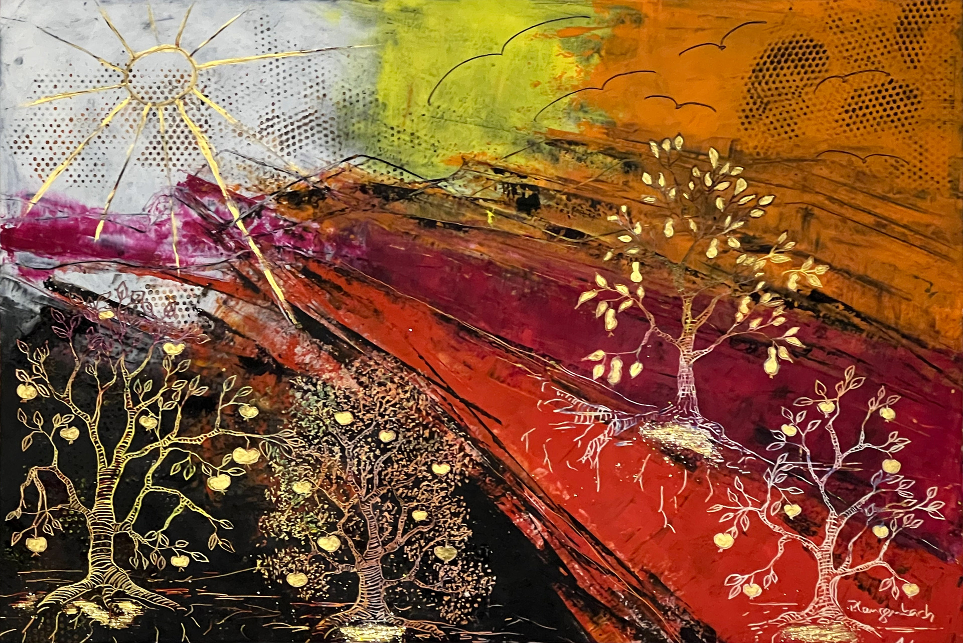 Goldblätterbäume im Hochland vor traumhafter Bergkulisse. Frei, wie ein Vogel im Wind. Coldwax mit Öl auf 5 mm dickem, festem Karton – 52 x 72 cm Euro • 1.059,- inkl. MwSt. ohne Bilderrahmen • Bestellung an info@grafik-agentur-L.de