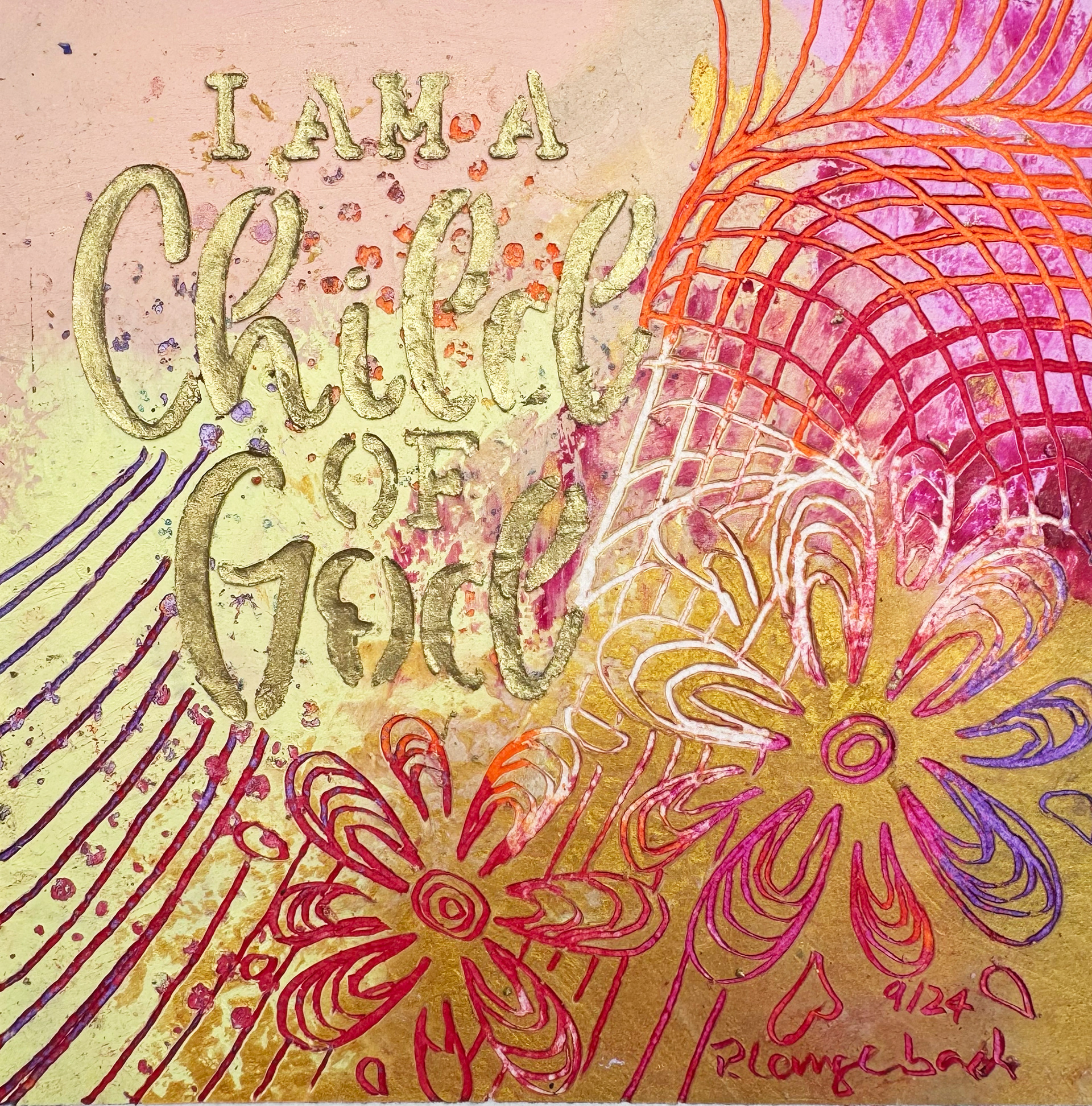 I am a Child of God in Flowerpower.. Ölfarbe mit Coldwax Mixed Media, 12 x 12 cm auf säurefreiem Papier 250 g/qm; 89,- Euro mit Passepartout und Bilderrahmen