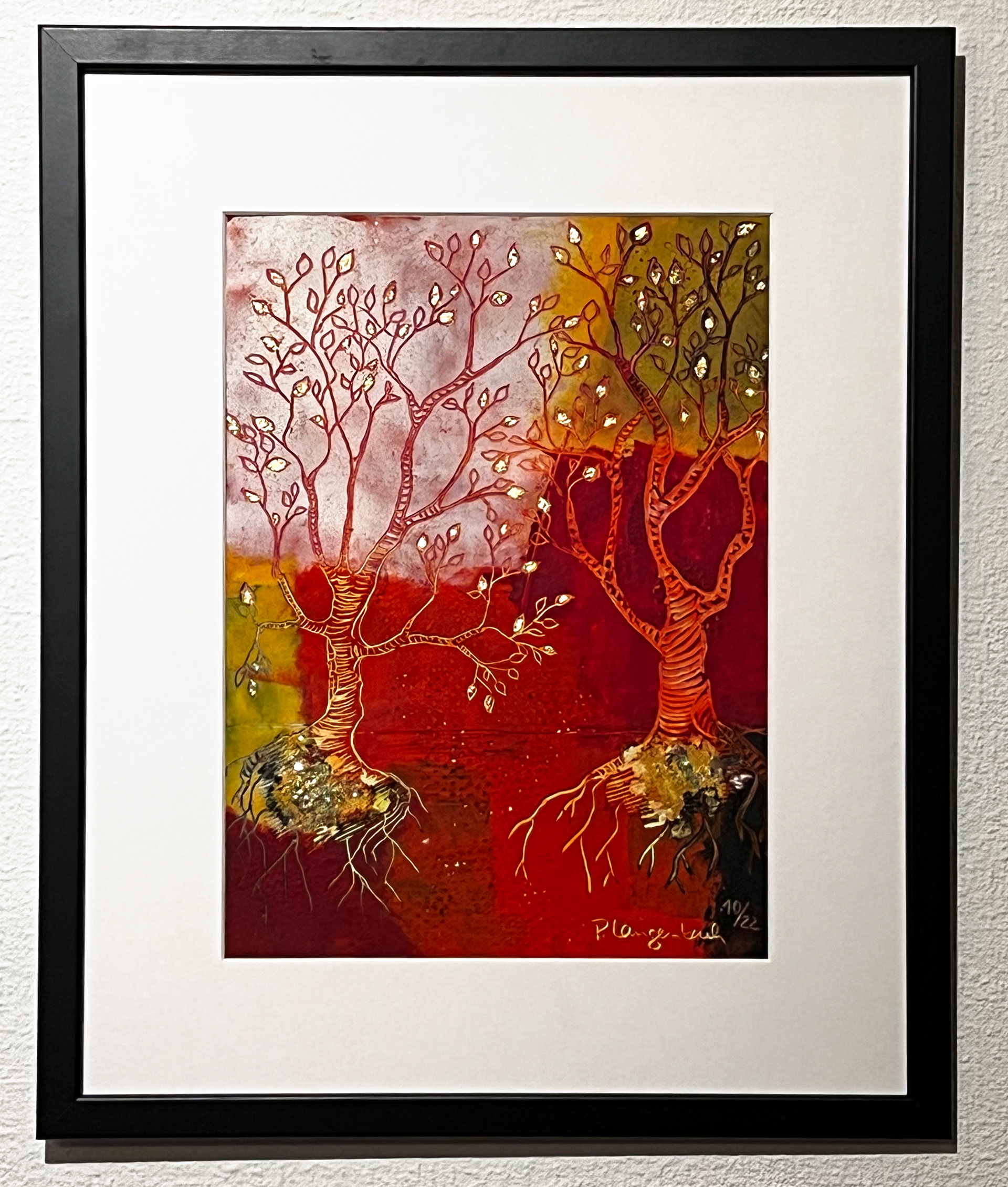 Der Lebensfluss nährt das Baumpaar – erwärmt und hält es fruchtbar. Goldene Blätter sprießen. Was eine Pracht. Coldwax mit Öl auf Papier
– 26 x 36 cm auf säurefreiem Papier Arches, 230 g/qm • Euro 416,- inkl. MwSt. mit Bilderrahmen + Passepartout • Bestellung an INFO@GRAFIK-AGENTUR-L.DE