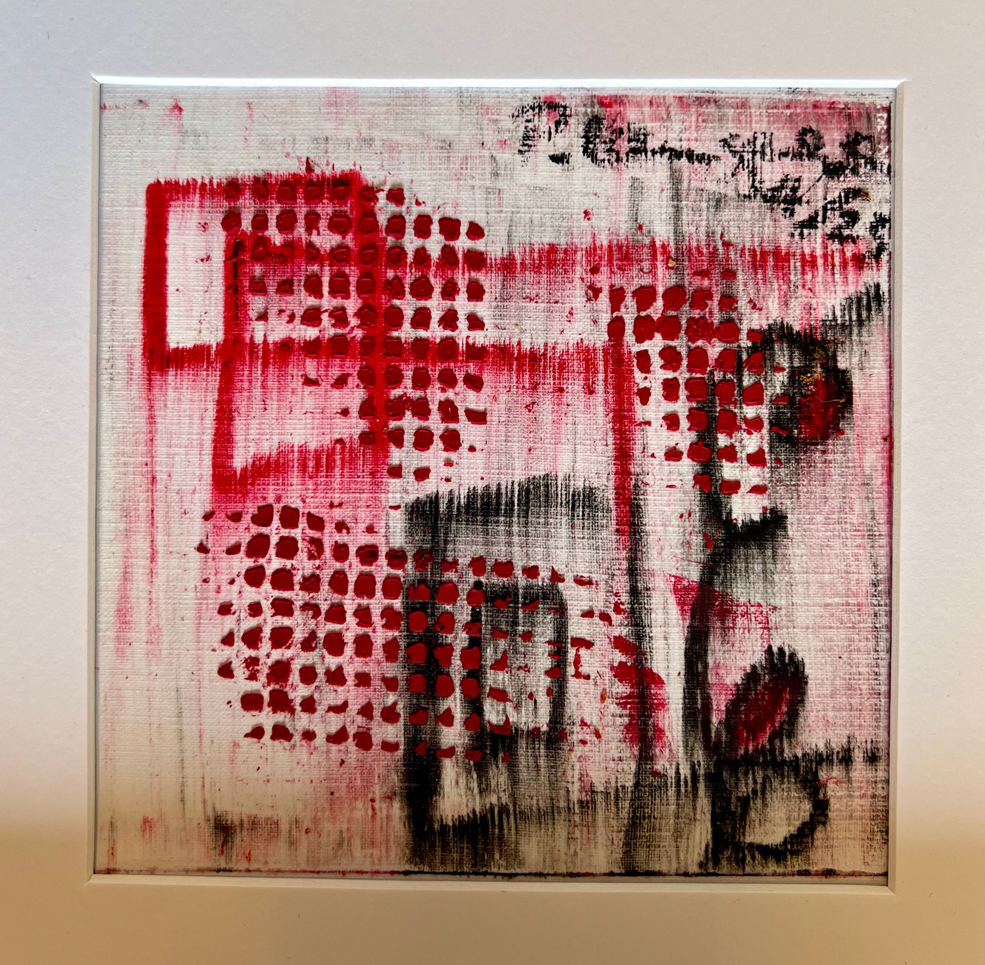 Modern Life in RotSchwarz. Öl auf Papier 12,5 x 12,5 cm 240g/qm säurefrei; Technik: Coldwax • Euro 106,- inkl. MwSt. MIT Bilderrahmen • Bestellung an info@grafik-agentur-L.de