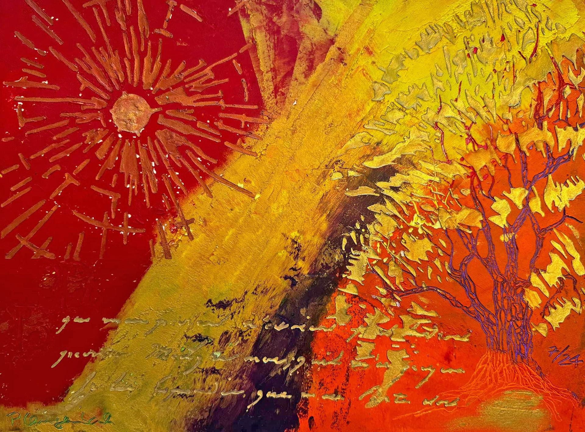 Hol Dir das Geheimnis der Bäume in Dein Leben I. Coldwax mit Öl, Mixed Media – 29 x 39 cm auf säurefreiem Papier Arches, 300 g/m2 Euro 500,- inkl. MwSt. mit Bilderrahmen + Passepartout