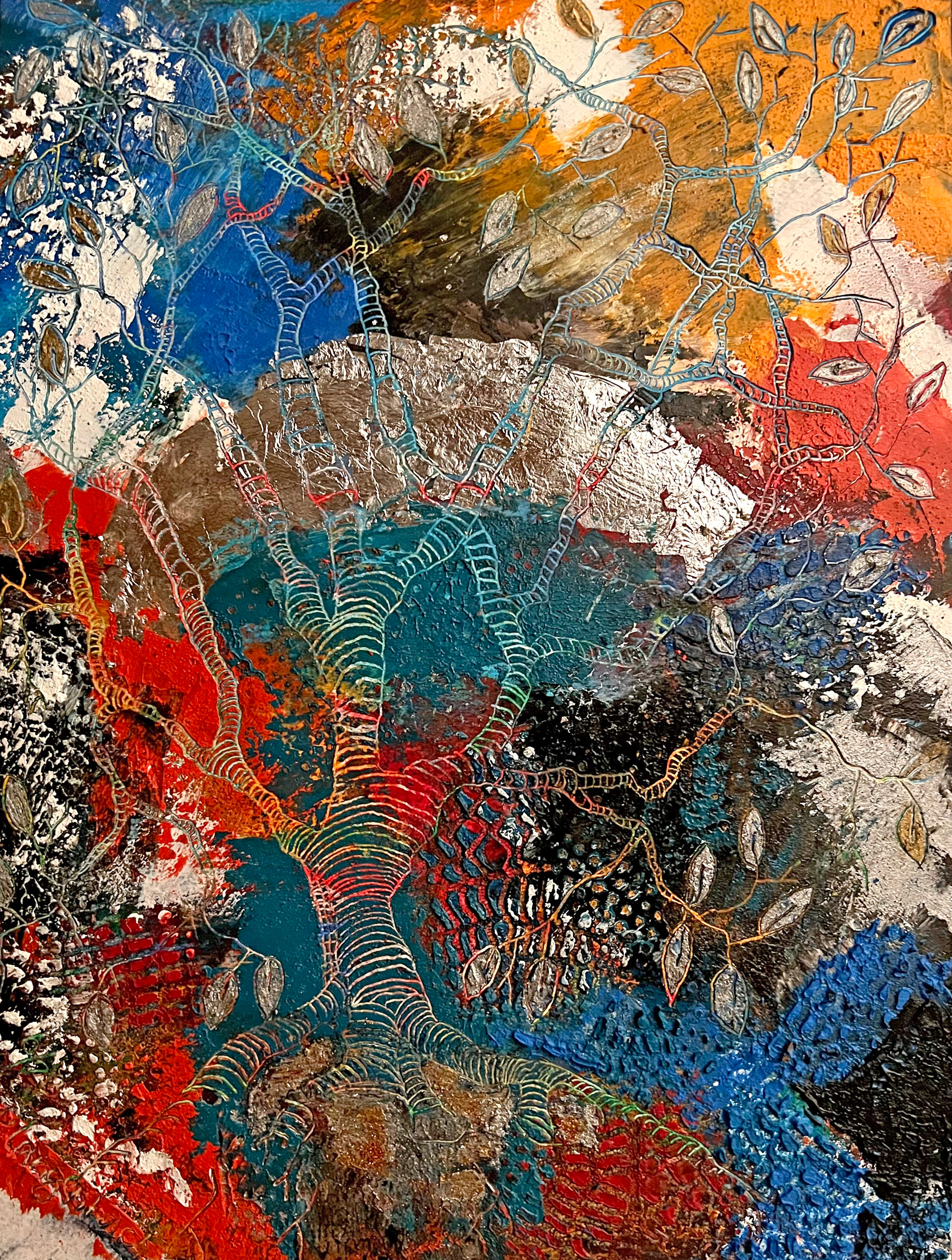 Der Silbermond verfängt sich im Lebensbaum. Und Farbteppiche prägen die Atmosphäre. Verlauf Dich nicht mit Deinen Blicken. Coldwax mit Öl auf Papier
– 29 x 39 cm auf säurefreiem Papier Arches, 300 g/qm • Euro 416,- inkl. MwSt. MIT Bilderrahmen • Bestellung an info@grafik-agentur-L.de
