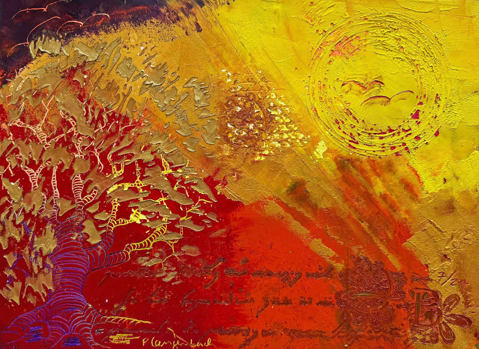• VERKAUFT • Hol Dir das Geheimnis der Bäume in Dein Leben II. Coldwax mit Öl, Mixed Media – 29 x 39 cm auf säurefreiem Papier Arches, 300 g/m2 Euro 500,- inkl. MwSt. mit Bilderrahmen + Passepartout