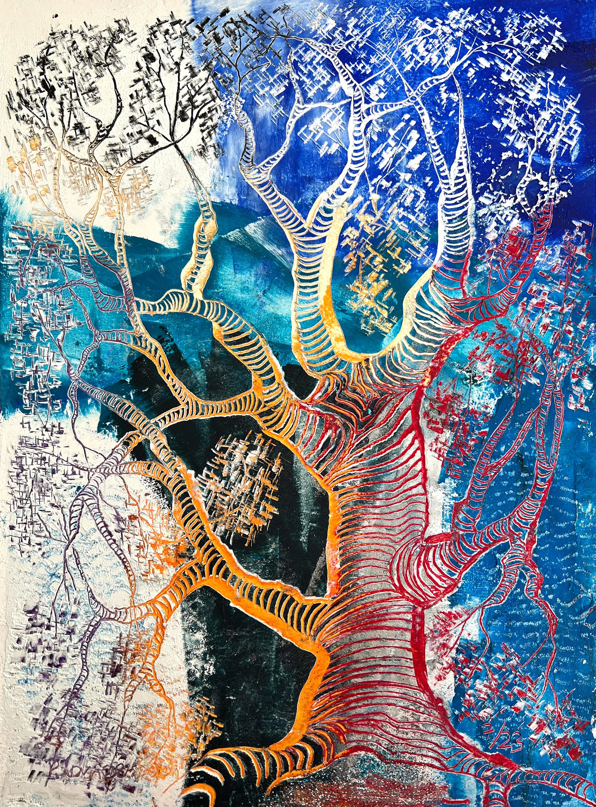 Vater vieler Bäume. So steht er in seiner Kraft, gibt Heimat vielen Lebewesen und vermehrt sich. Coldwax mit Öl auf Papier
– 29 x 39 cm auf säurefreiem Papier Arches, 300 g/qm • Euro 416,- inkl. MwSt. MIT Bilderrahmen • Bestellung an info@grafik-agentur-L.de