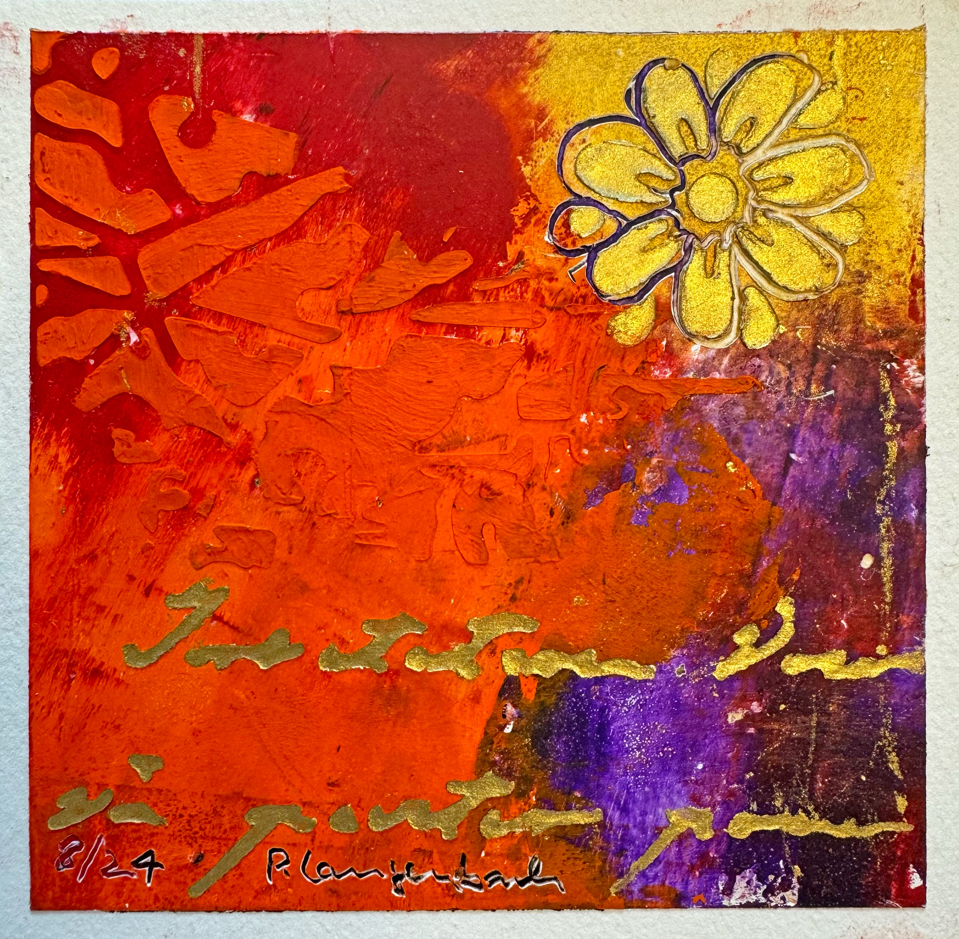 Gold prägt Schönheit in jeden Hintergrund. Ölfarbe mit Coldwax Mixed Media, 12 x 12 cm auf säurefreiem Papier 300 g/qm; 89,- Euro inkl. Passepartout