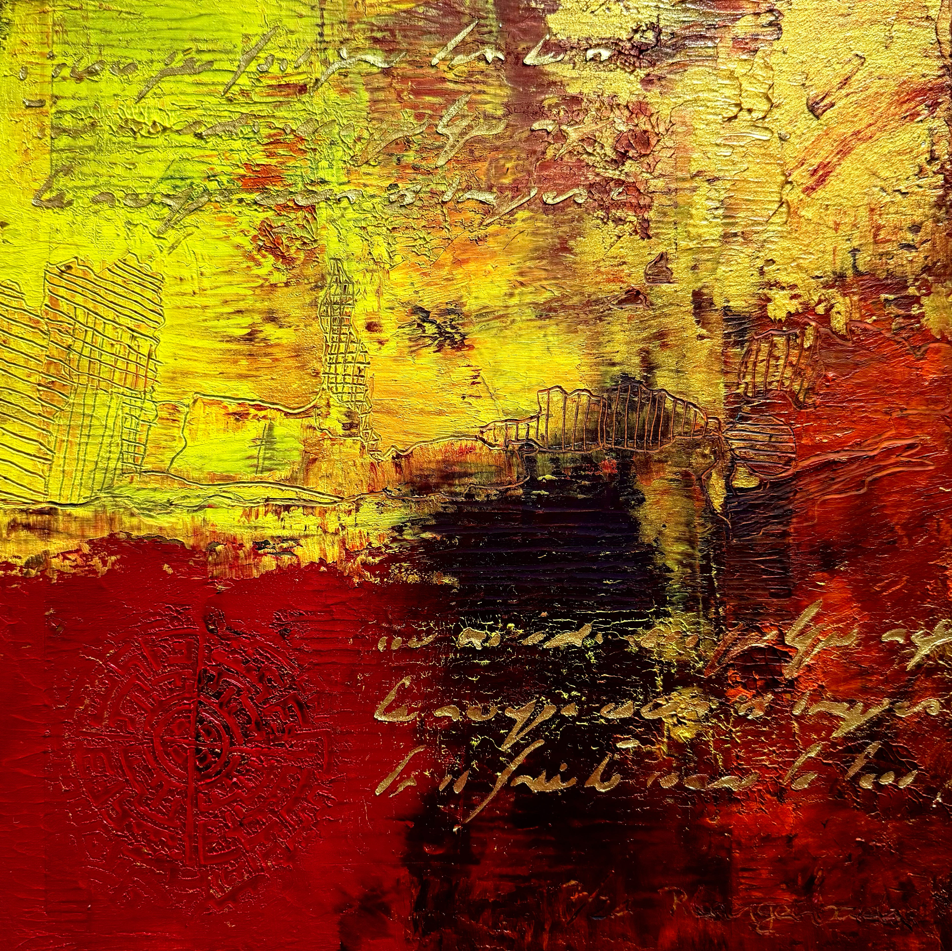 Das Siegel ist eingeprägt - Geschichte hat tiefe inneren Einfluss und nun ist es an Dir, die Entscheidung zu treffen zwischen Opfermentalität und Heilungsprozess. Coldwax mit Öl, Mixed Media – 30 x 30 cm auf Malkarton Euro 500,- inkl. MwSt