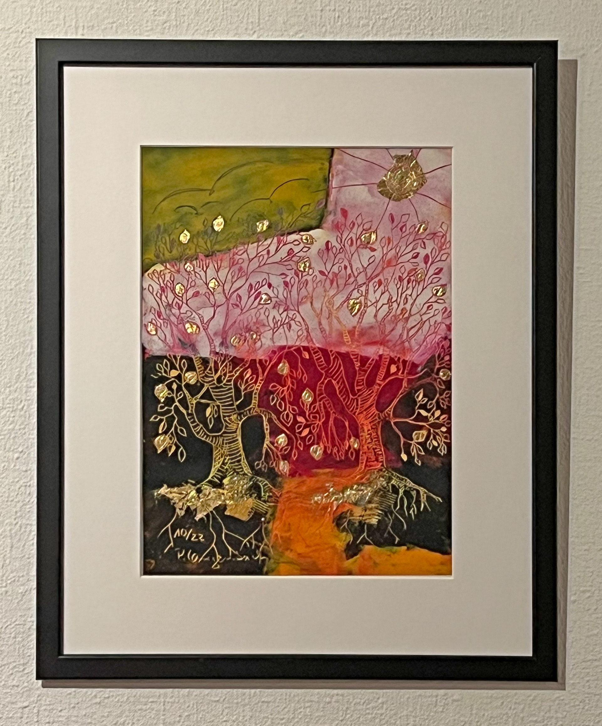 Das Gold der Blätter , die Pracht ist die Frucht aus dem Gold der Wurzel – wenn Schmerz transformiert wird, entsteht echte Hoffnung. Coldwax mit Öl auf Papier – 52 x 72 cm auf säurefreiem Papier Arches, 230 g/qm • Euro 416,- inkl. MwSt. mit Bilderrahmen + Passepartout • Bestellung an INFO@GRAFIK-AGENTUR-L.DE