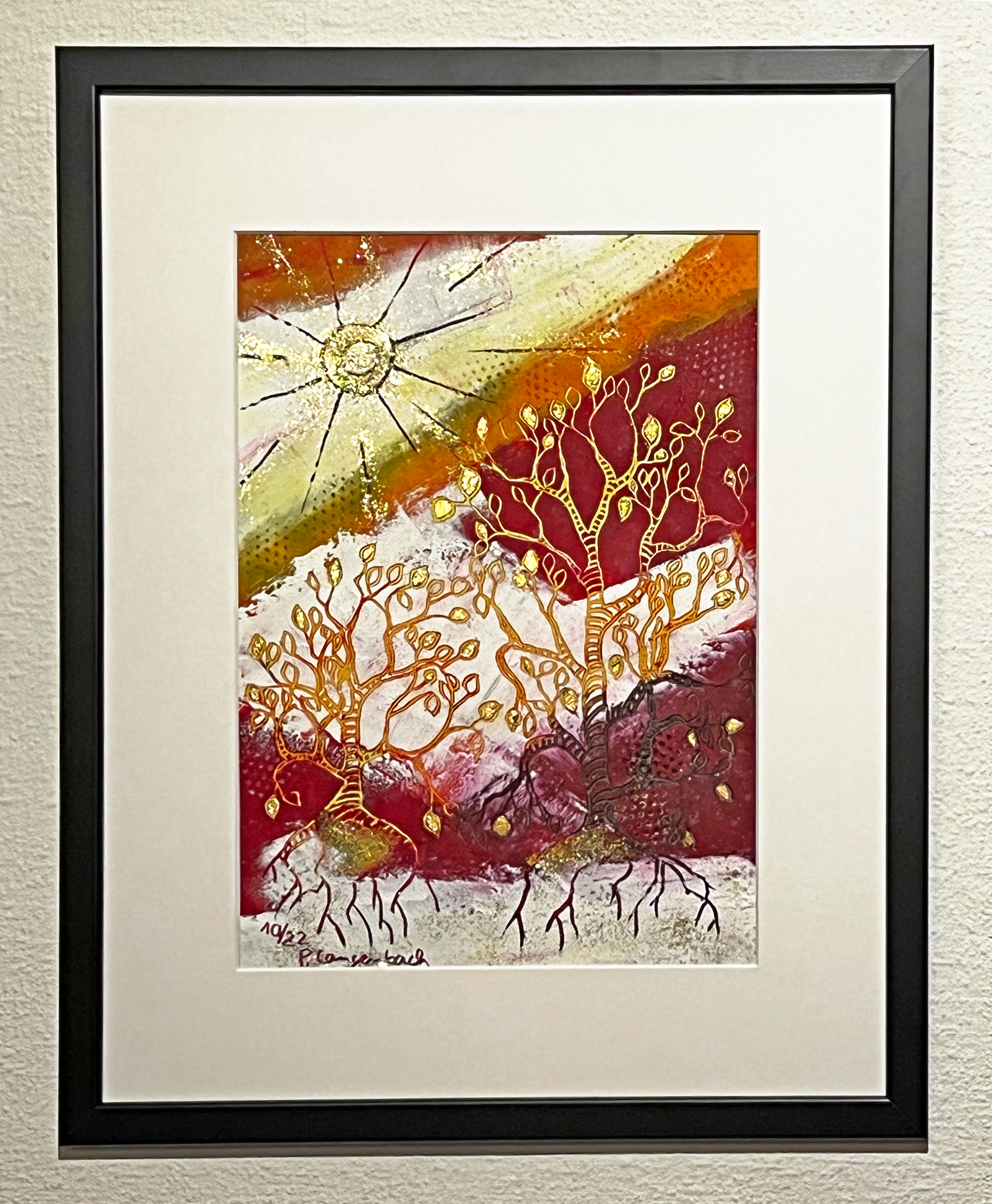 Der Sonnenschein ist eine Zugabe, der Schnee – aus den Wurzeln nährt sich der Baum – auch im Winter. Coldwax mit Öl auf Papier
– 26 x 36 cm auf säurefreiem Papier Arches, 230 g/qm • Euro 416,- inkl. MwSt. mit Bilderrahmen + Passepartout • Bestellung an INFO@GRAFIK-AGENTUR-L.DE