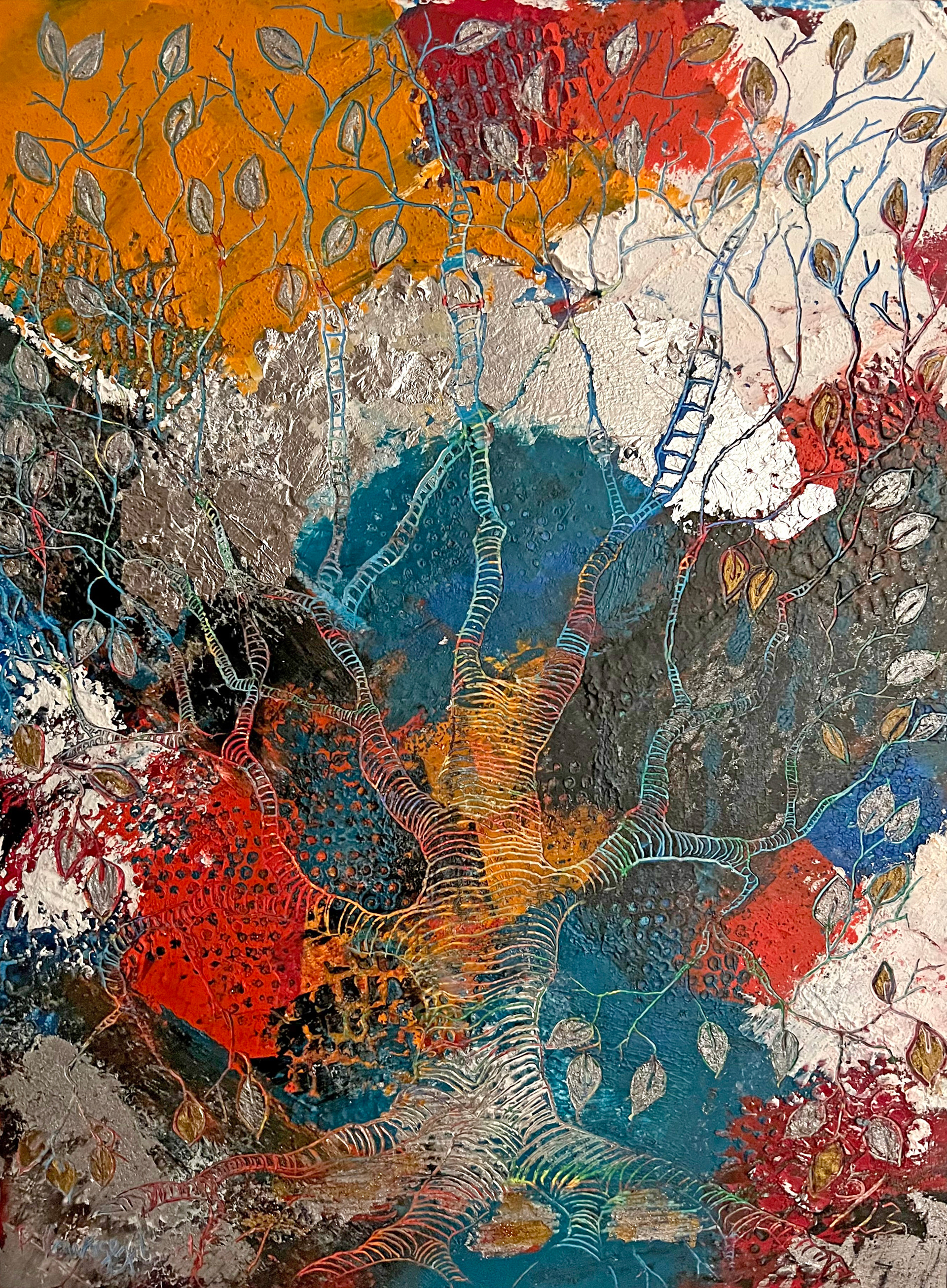 Silbermond in Harmonie mit dem Blätterwald des Lebensbaumes – eingebettet in bunte Farbteppiche des Sommers. Coldwax mit Öl auf Papier
– 29 x 39 cm auf säurefreiem Papier Arches, 300 g/qm • Euro 416,- inkl. MwSt. MIT Bilderrahmen • Bestellung an info@grafik-agentur-L.de