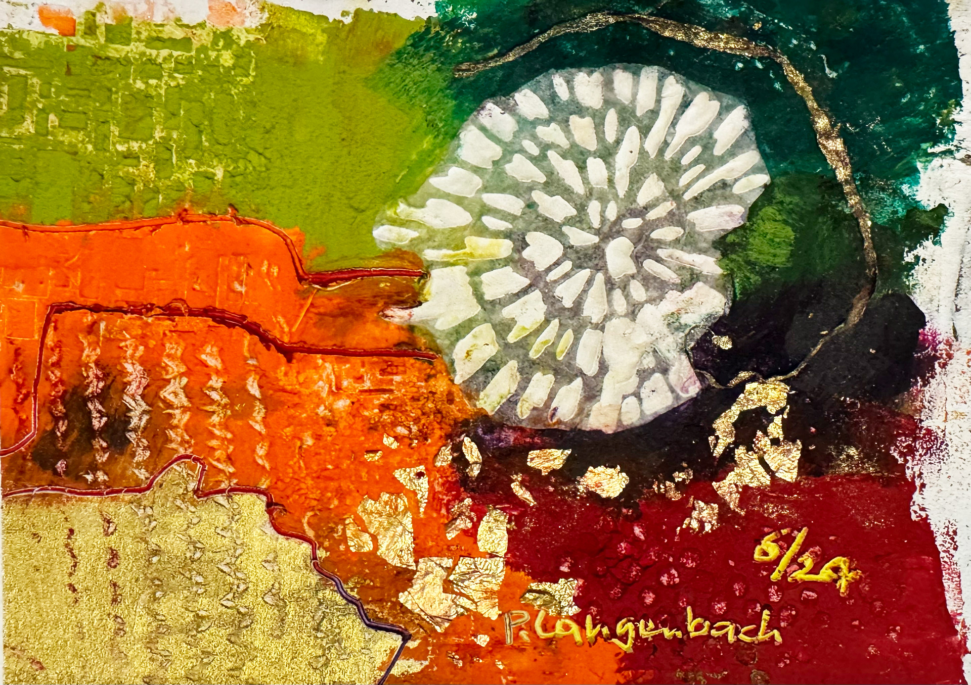 Wenn das Lebensrad sich dreht, verstreut sich der Samen. Ölfarbe mit Coldwax Mixed Media, 12 x 12 cm auf säurefreiem Papier 250 g/qm; 99,- Euro mit Passepartout und Bilderrahmen