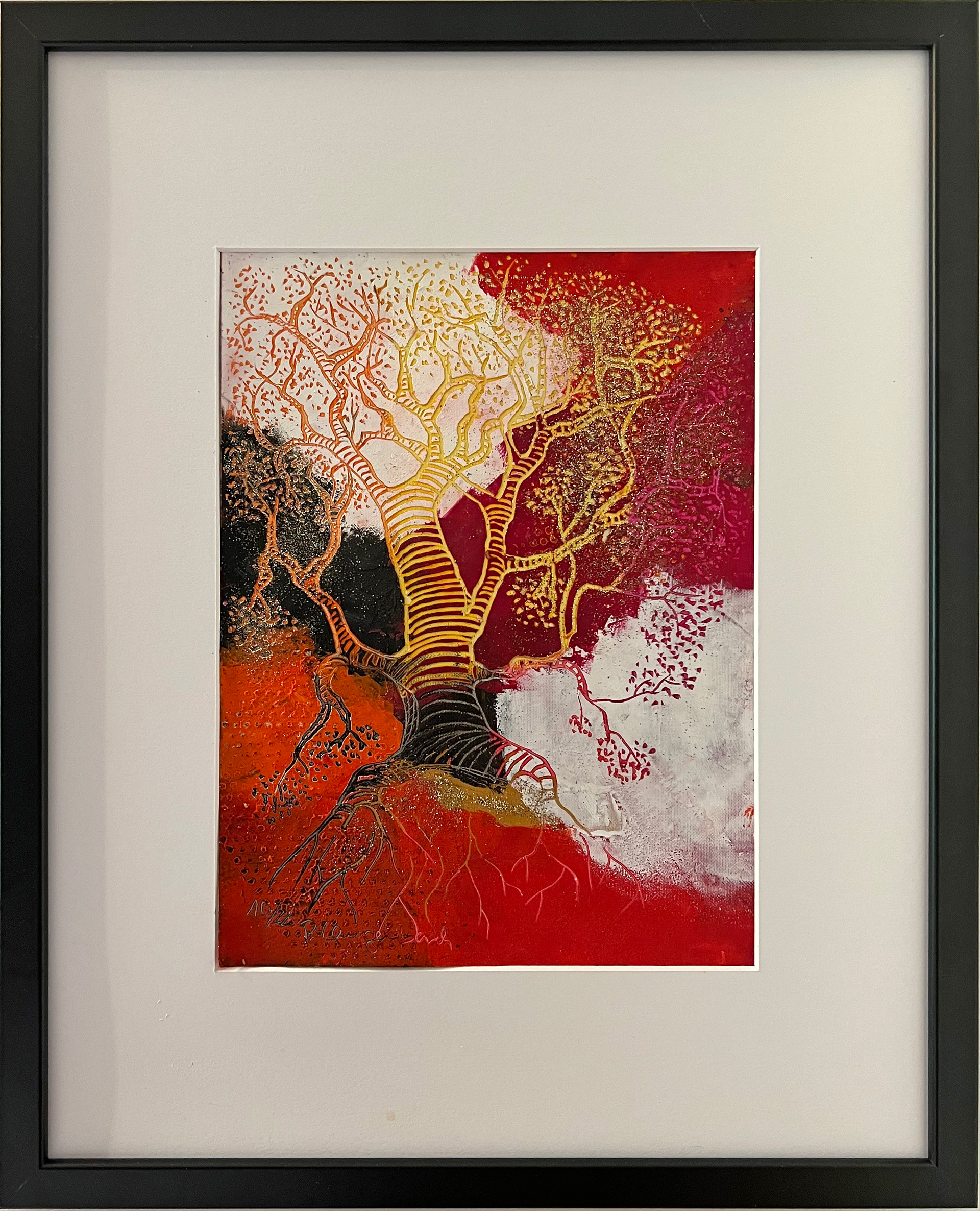 Immer nach oben, fortwährendes Wachstum – geht nur mit tiefen Wurzeln, die für genügend Halt sorgen. Coldwax mit Öl auf Papier
– 24 x 32 cm auf säurefreiem Papier Arches, 230 g/qm • Euro 297,- inkl. MwSt. MIT Bilderrahmen • Bestellung an info@grafik-agentur-L.de