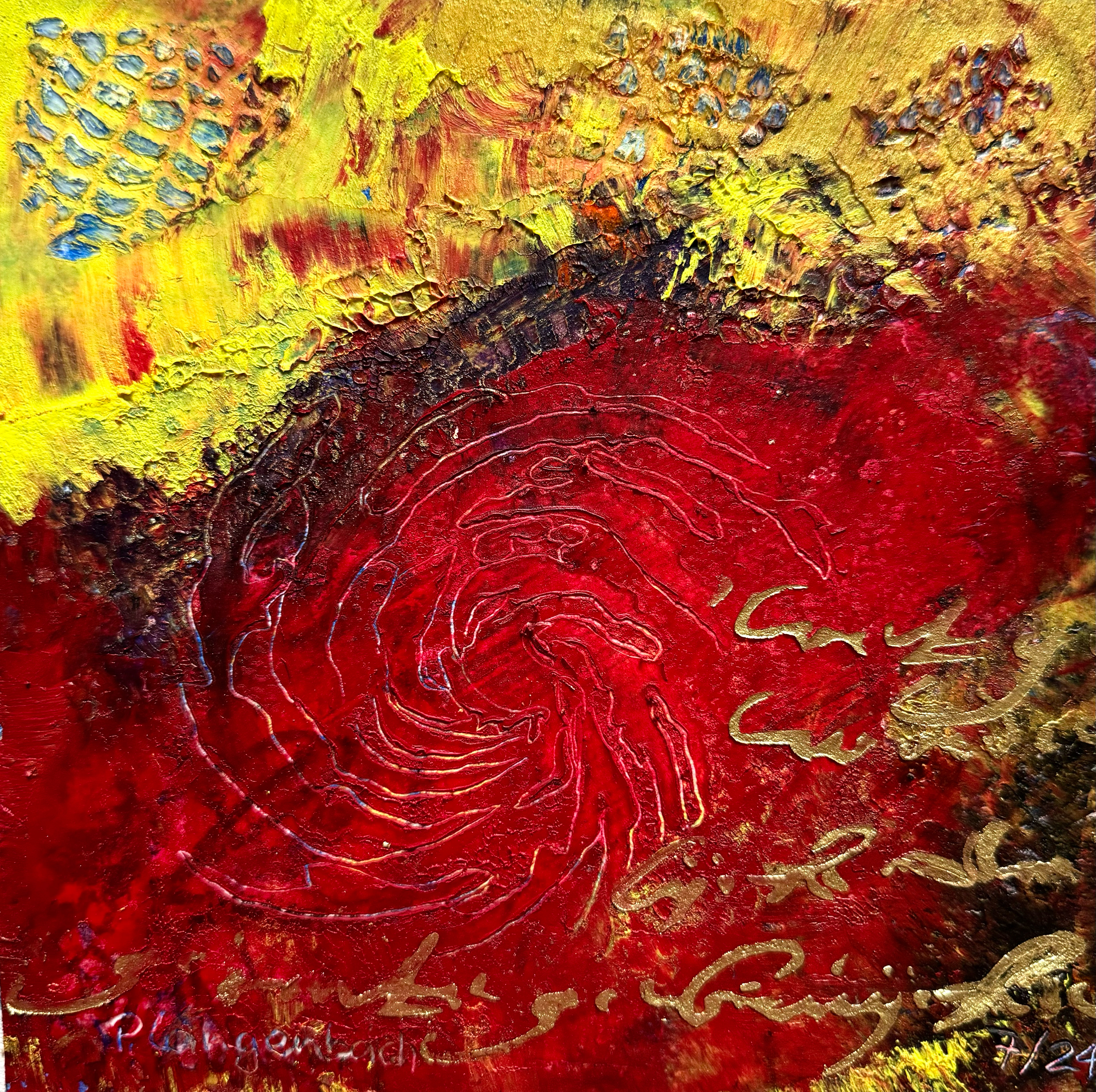 Im Strudel des Lebens schwingen und Liebe finden. Coldwax mit Öl, Mixed Media – 20 x 20 cm auf säurefreiem Papier Arches, 350 g/m2 Euro 270,- inkl. MwSt. mit Bilderrahmen + Passepartout