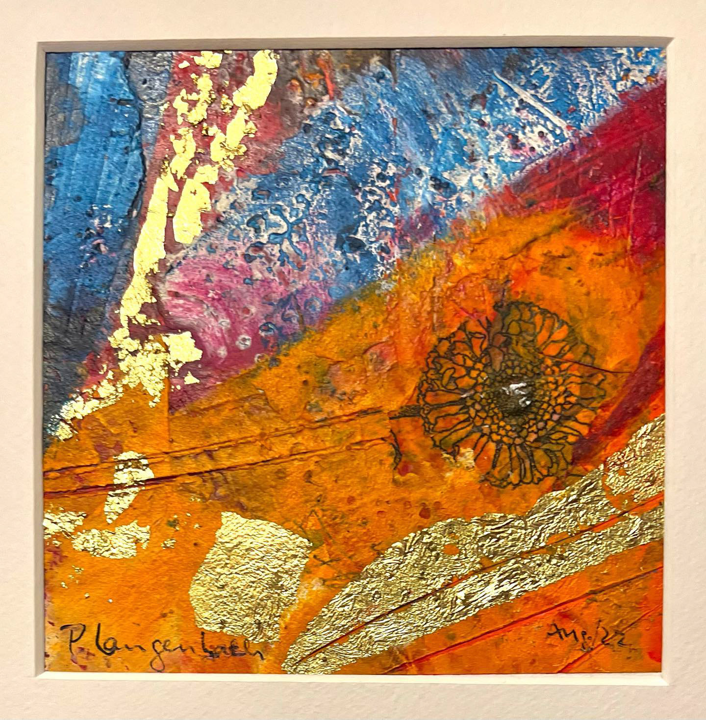 Blumenimitat im Auge der Schichten Öl auf Papier 12,5 x 12 cm 350g/qm Arches; Technik: Coldwax • Euro 106,- inkl. MwSt. MIT Bilderrahmen • Bestellung an info@grafik-agentur-L.de