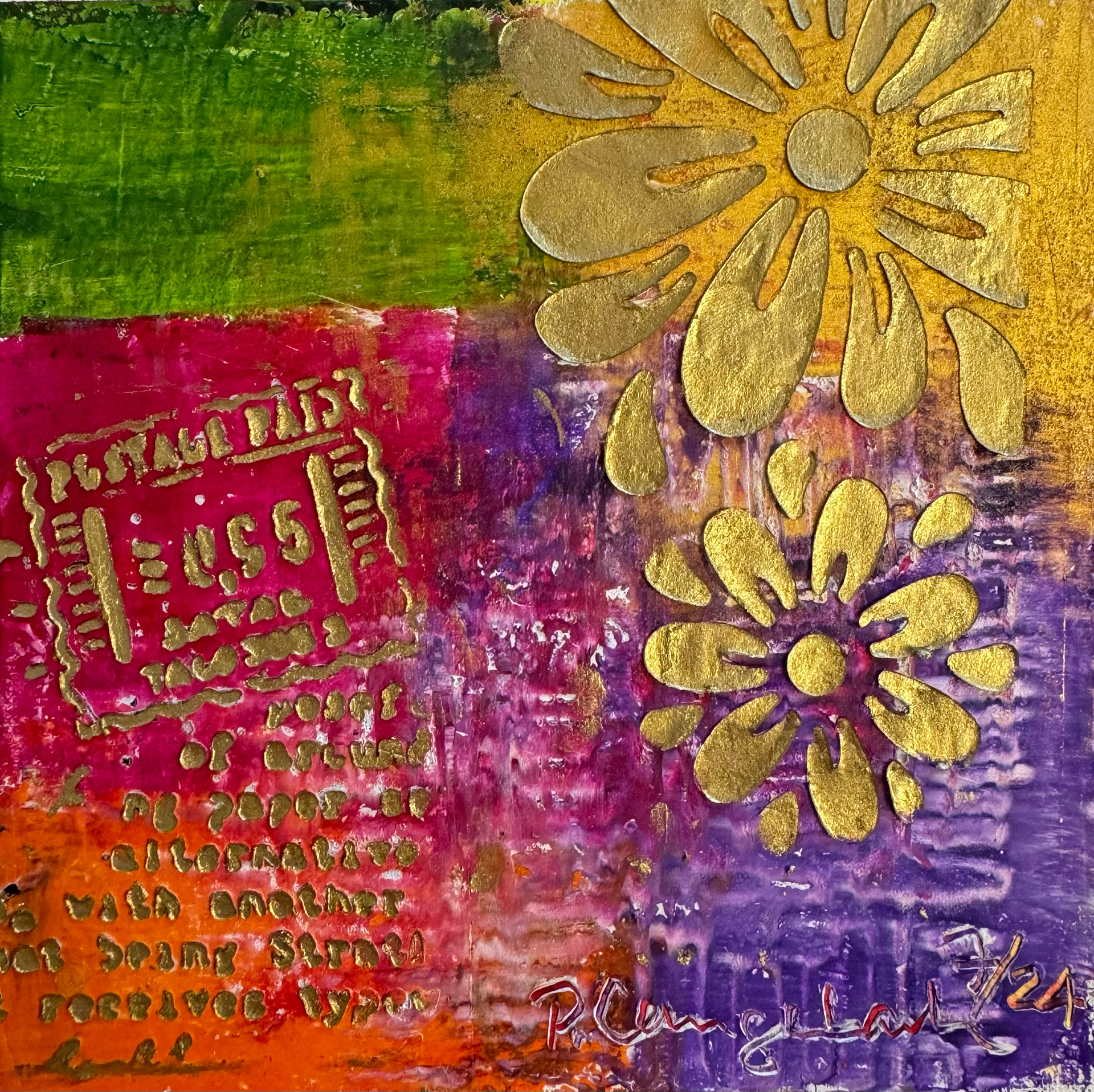 Wenn Blumen Dein Leben vergolden; Ölfarbe mit Coldwax Mixed Media, 12 x 12 cm auf säurefreiem Papier 300 g/qm; 89,- Euro inkl. Passepartout und Bilderrahmen