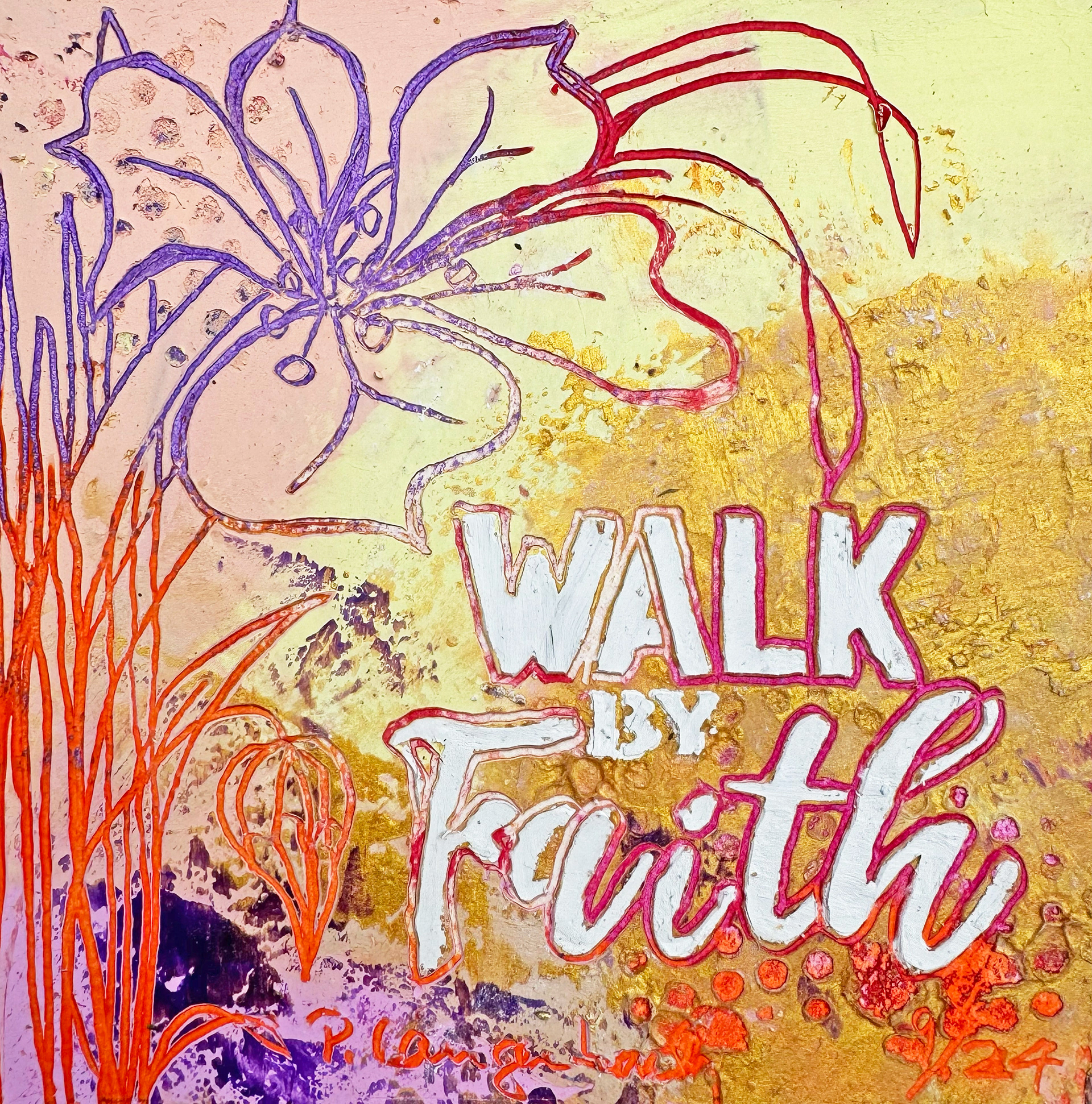 Walk by Faith. God is able. No matter what. Ölfarbe mit Coldwax Mixed Media, 12 x 12 cm auf säurefreiem Papier 250 g/qm; 89,- Euro mit Passepartout und Bilderrahmen