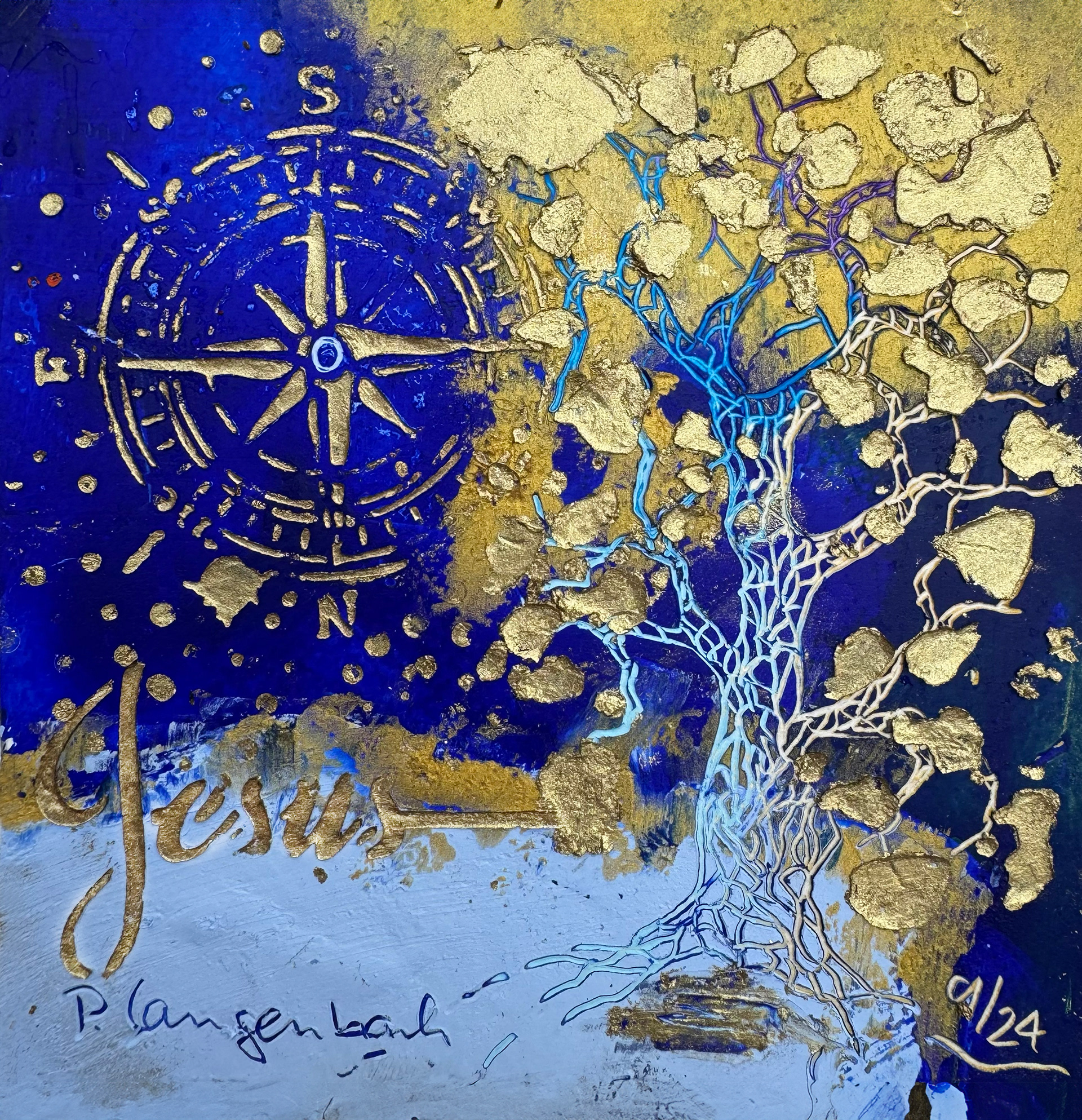• VERKAUFT • Kompass Jesus. Ölfarbe mit Coldwax Mixed Media, 14 x 14 cm auf säurefreiem Papier 250 g/qm;