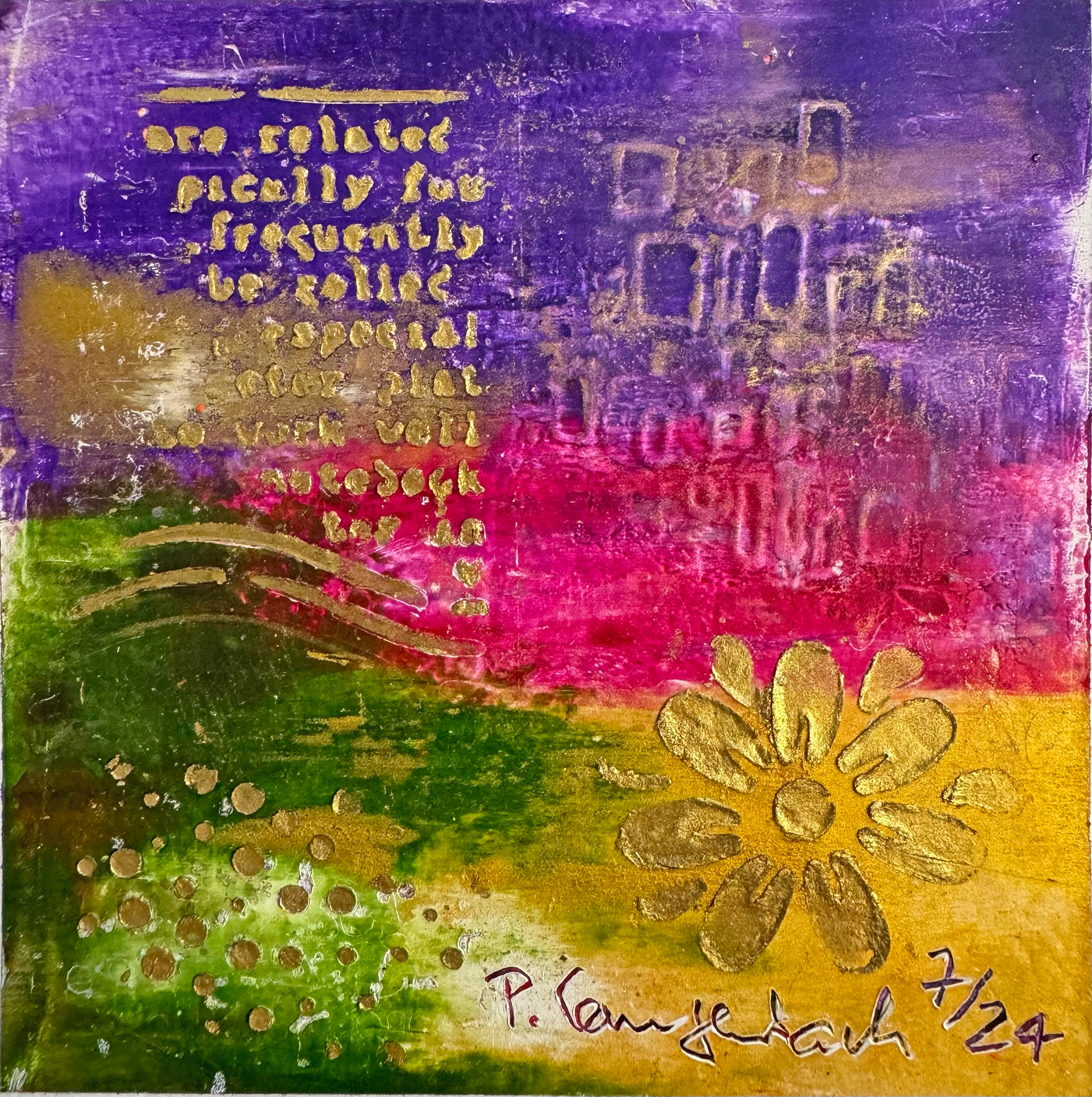 Wenn Gold die Straßen pflastert und die Blume ruft; Ölfarbe mit Coldwax Mixed Media, 12 x 12 cm auf säurefreiem Papier 300 g/qm; 89,- Euro inkl. Passepartout und Bilderrahmen