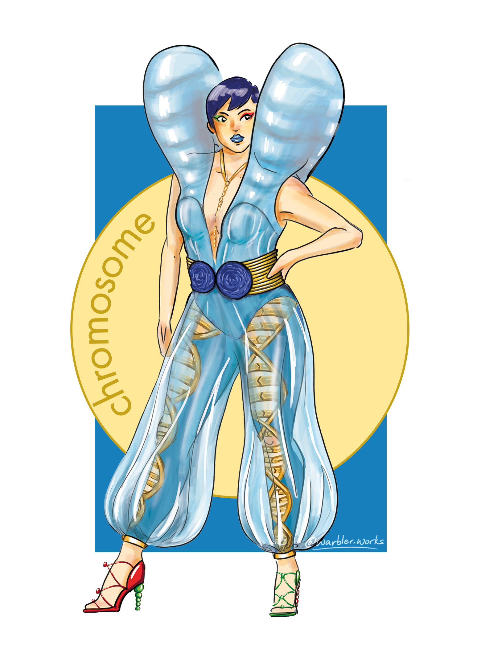 An X chromosome jumpsuit consisting of an inner and outer shell. The inner shell consists of a deep-plunge lycra one piece and leggings with gold DNA cutouts. The outer shell consits of a sculpted sheer liquid organza shoulder pads and harem-styled bottoms. Accessorize with a centromere belt, and dual colored floursence heels.