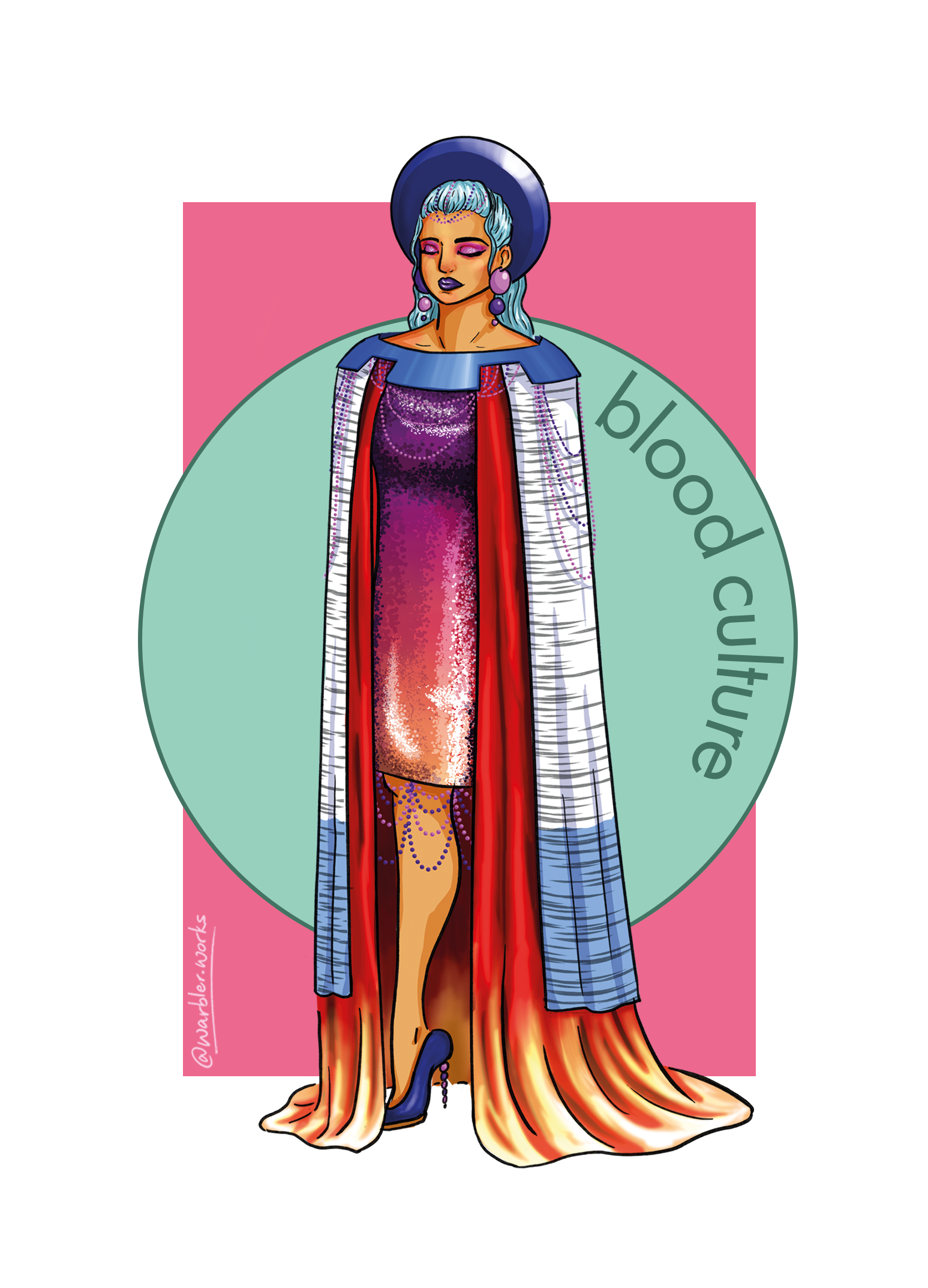 An evening gown with a double layered cape, with gram neg and postive beaded cocci, and a khăn vành dây inspired headpiece.