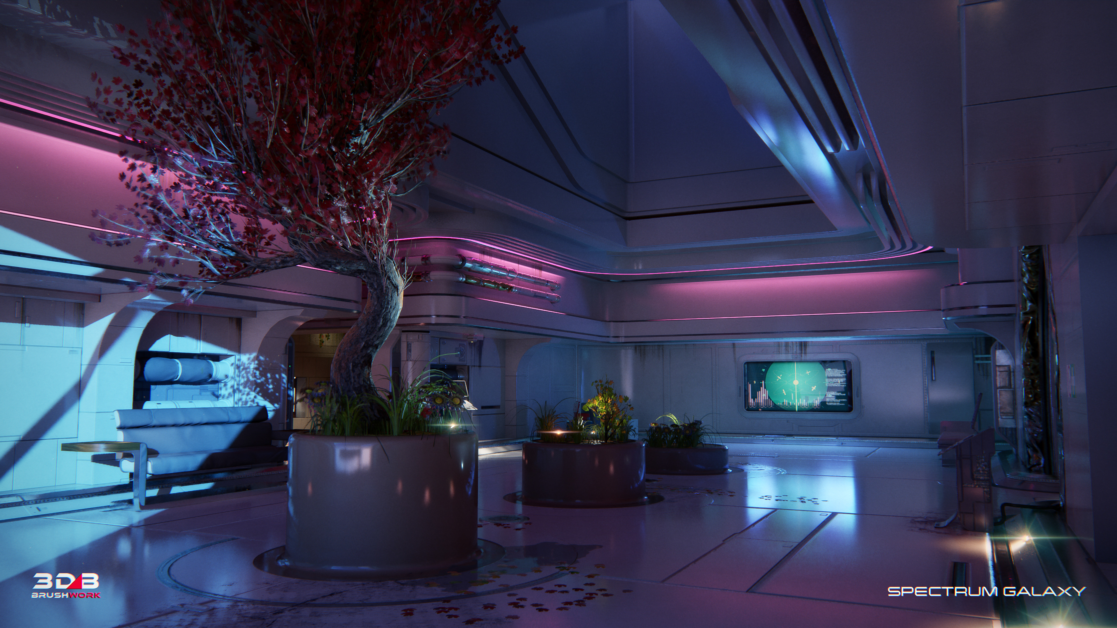 A red tree blooms within the ship’s sleek interior