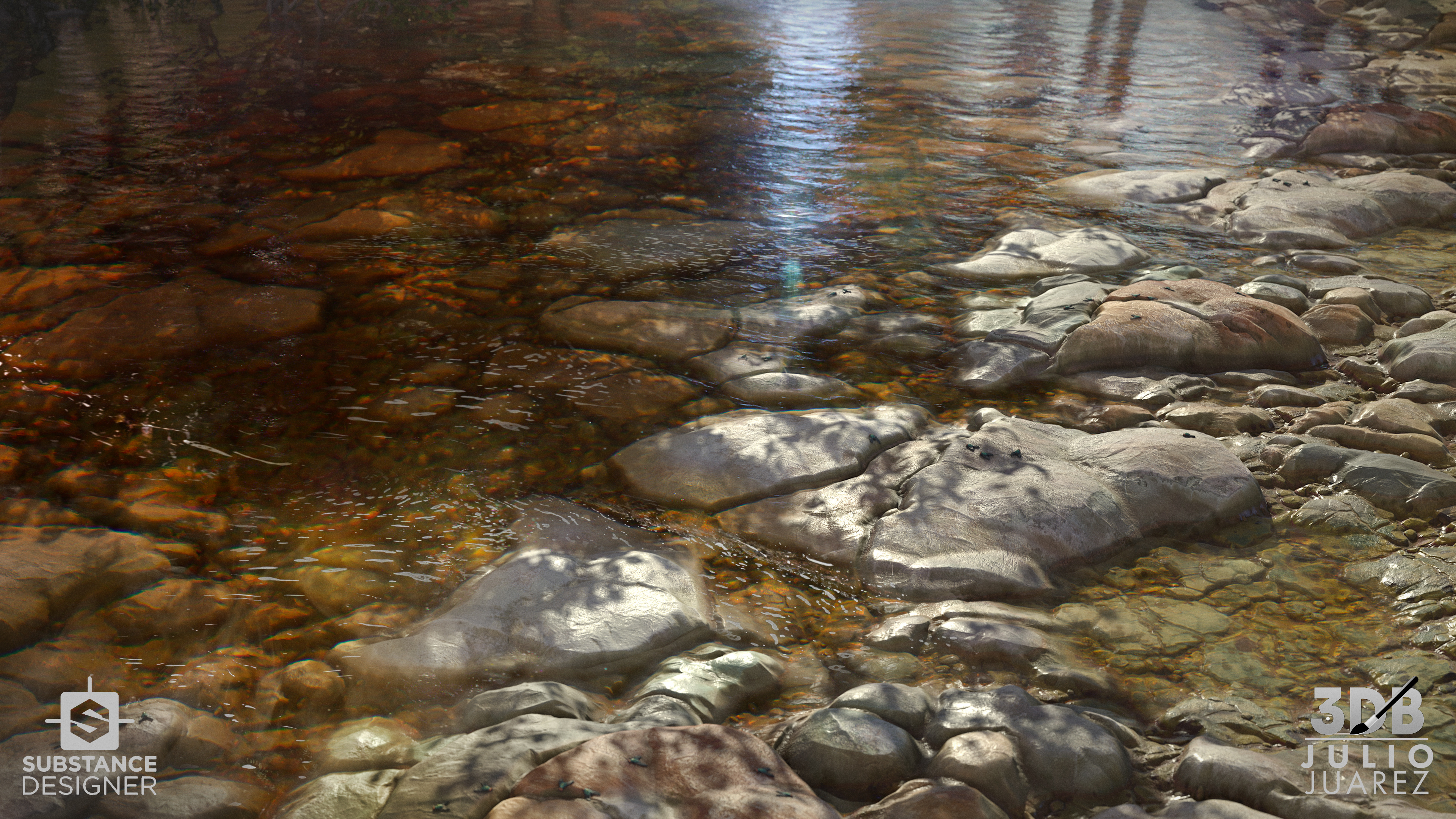 Procedural render of Red Creek bedrock, created in Substance, depicting scenic red-tinted water.