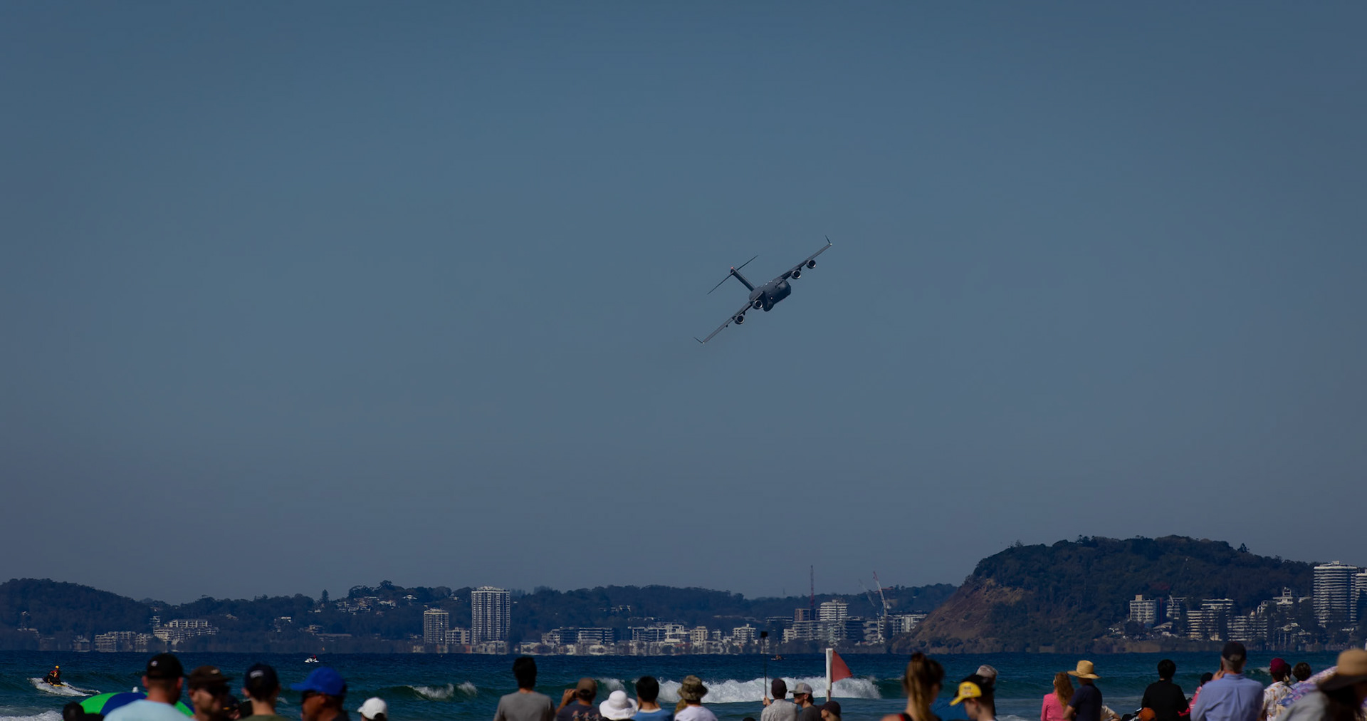 RAAF Boeing C-17A GlobeMaster III (210) Flypast on display at the Pacific Airshow on the Gold Coast, Australia