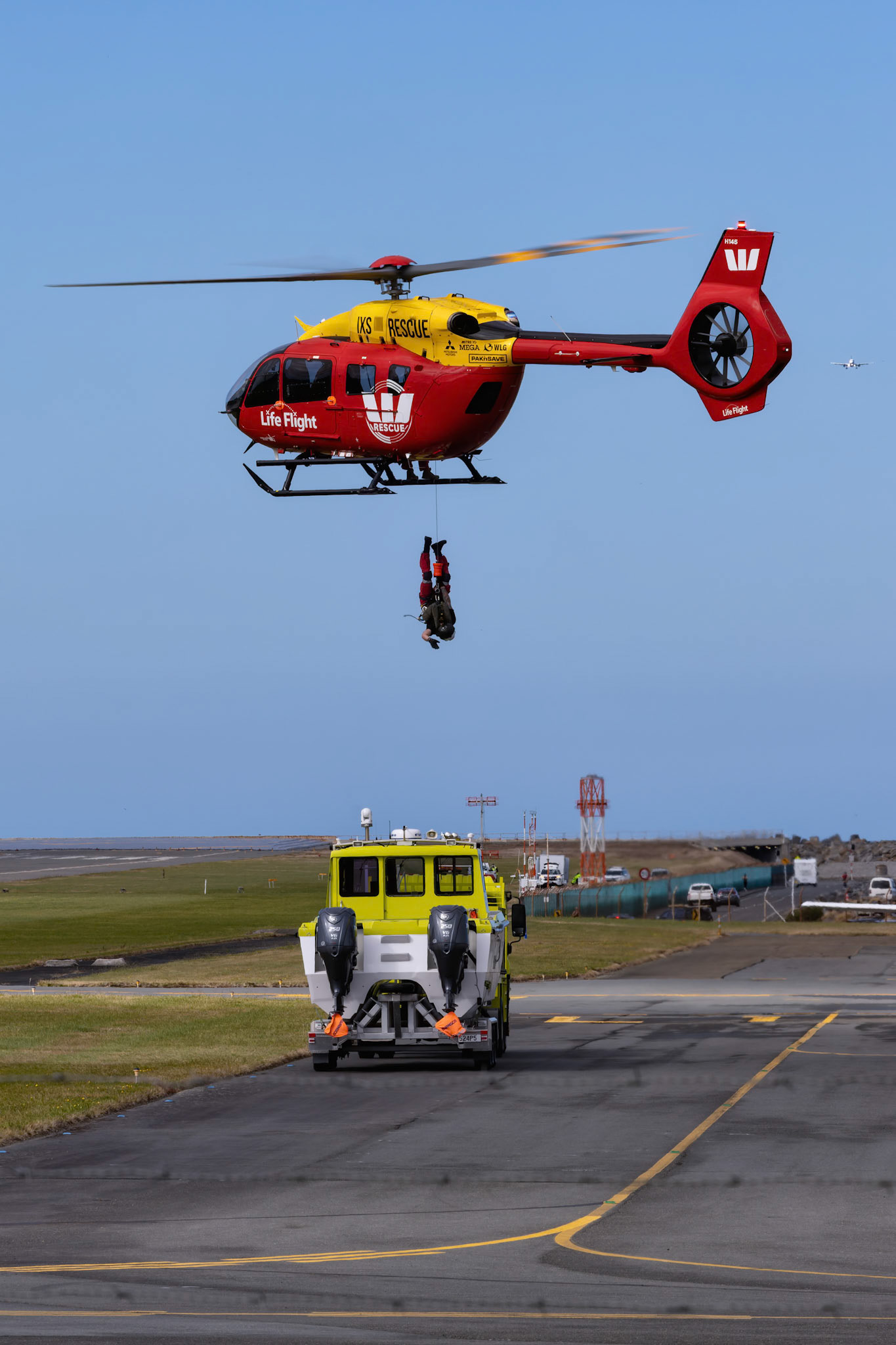 Wellington Westpac Rescue Airbus Helicopters H145 [ZK-IXS], from Coutts Street during the Life Flight Open Day at Wellington Airport, New Zealand