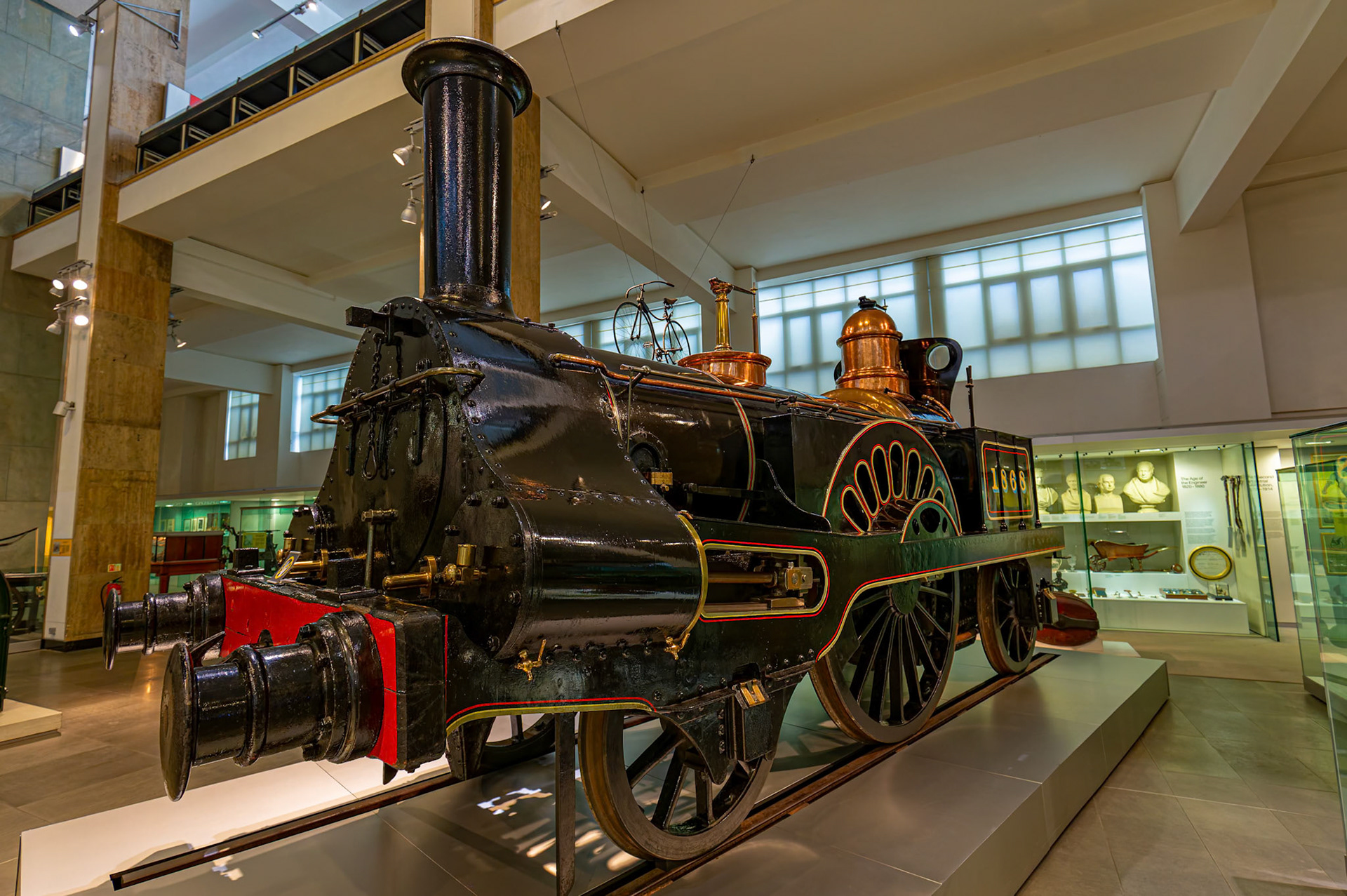 Steam train on display in the Science Museum, London