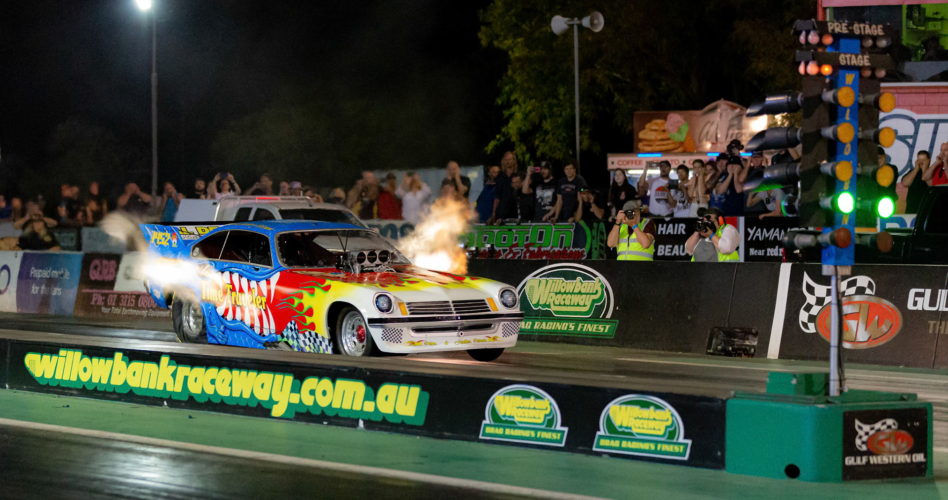 Competitor 'Time Traveler' starting a run at the Aeroflow Outlaw Nitro Funnycar event on the 9th of November, 2019 at Willowbank Raceway in Queensland, Australia