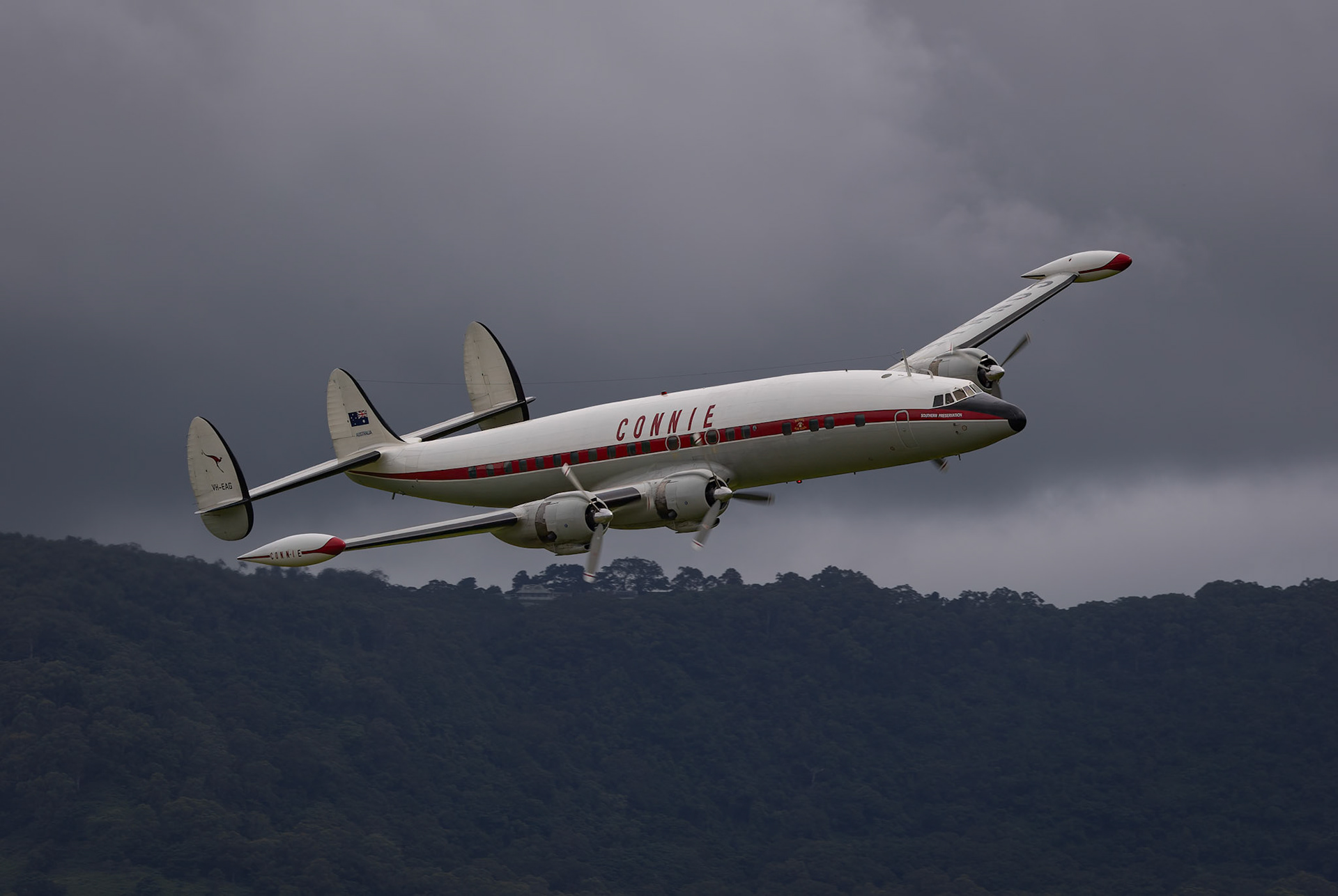Lockheed C-121C Super Constellation 'Connie', from the Historical Aircraft Restoration Society on display at the Shellharbour Airport, during the Airshows Downunder Shellharbour, New South Wales, Australia.