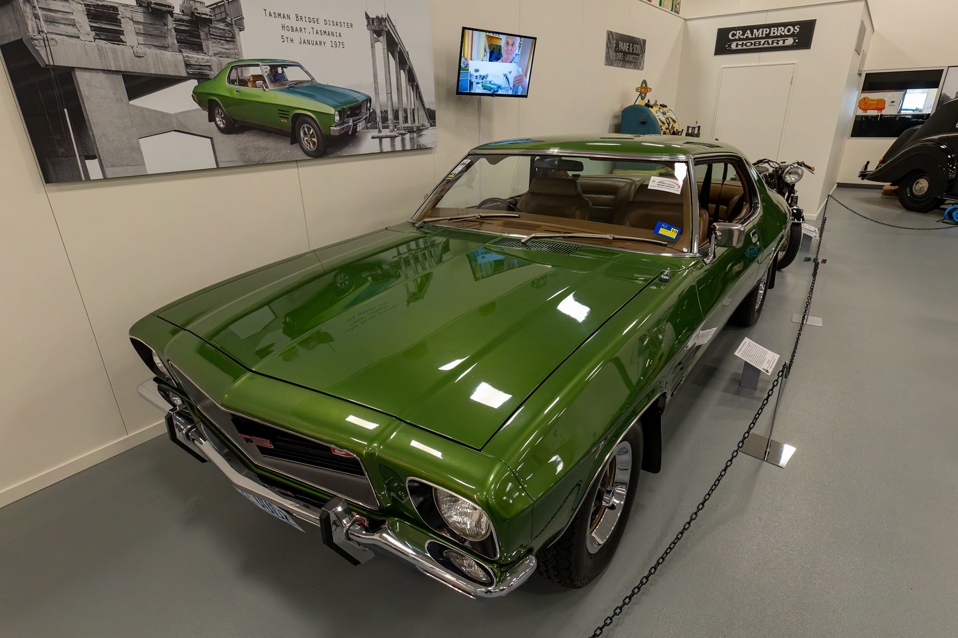 1974 Holden Monaro HQ GTS '1975 Tasman Bridge Disaster' at National Automobile Museum of Tasmania in the city of Launceston in Tasmania, Australia