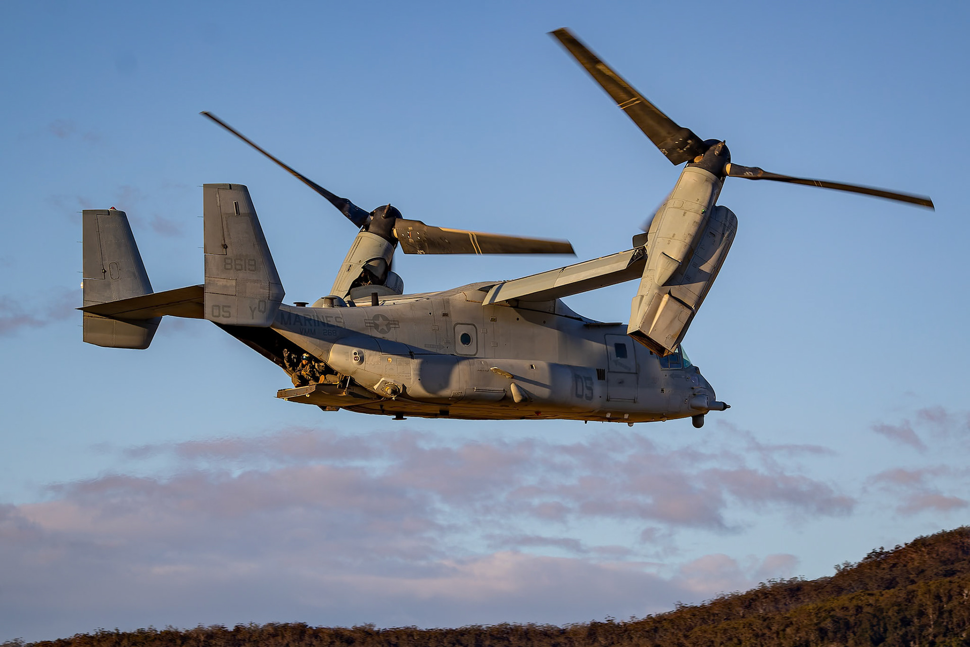 The Boeing V-22 Osprey taking off from the 2022 Brisbane Airshow at Watts Bridge Memorial Airport, Australia