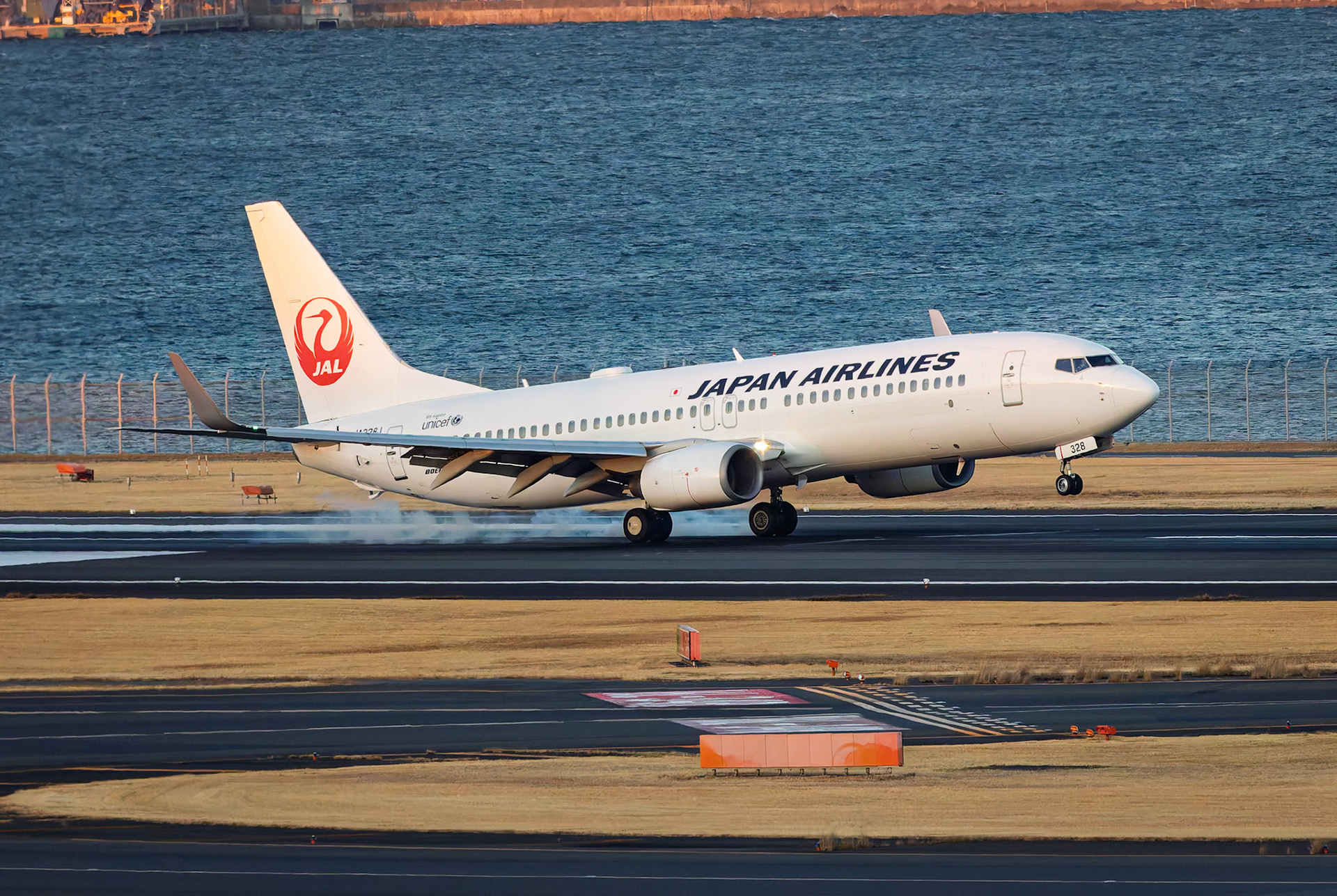 Japan Airlines Boeing 737-846 (JA328J) Arriving from Amami, Japan, captured from Terminal 2 viewing platform at Haneda Airport in Tokyo, Japan