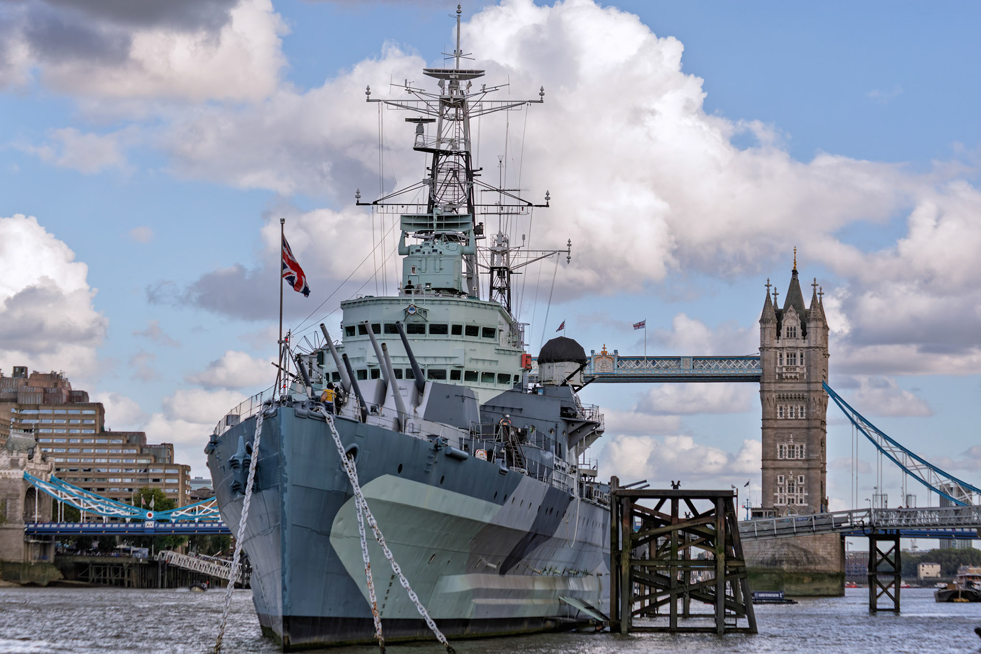 The HMS Belfast during the Thames Ferry Ride in London, England