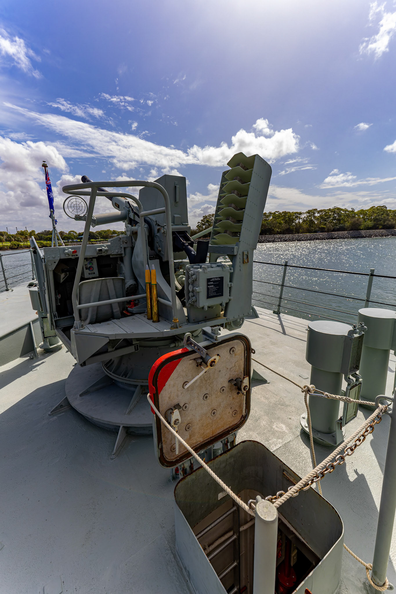 The ship's forward gun onboard the HMAS Gladstone, in Gladstone, Australia