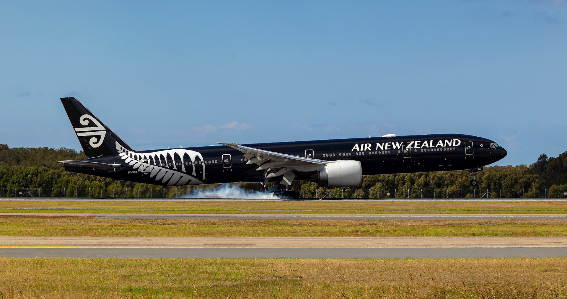 Air New Zealand (All Blacks Livery) Boeing 777-319(ER) ZK-OKQ Arriving at Brisbane from Auckland, Australia