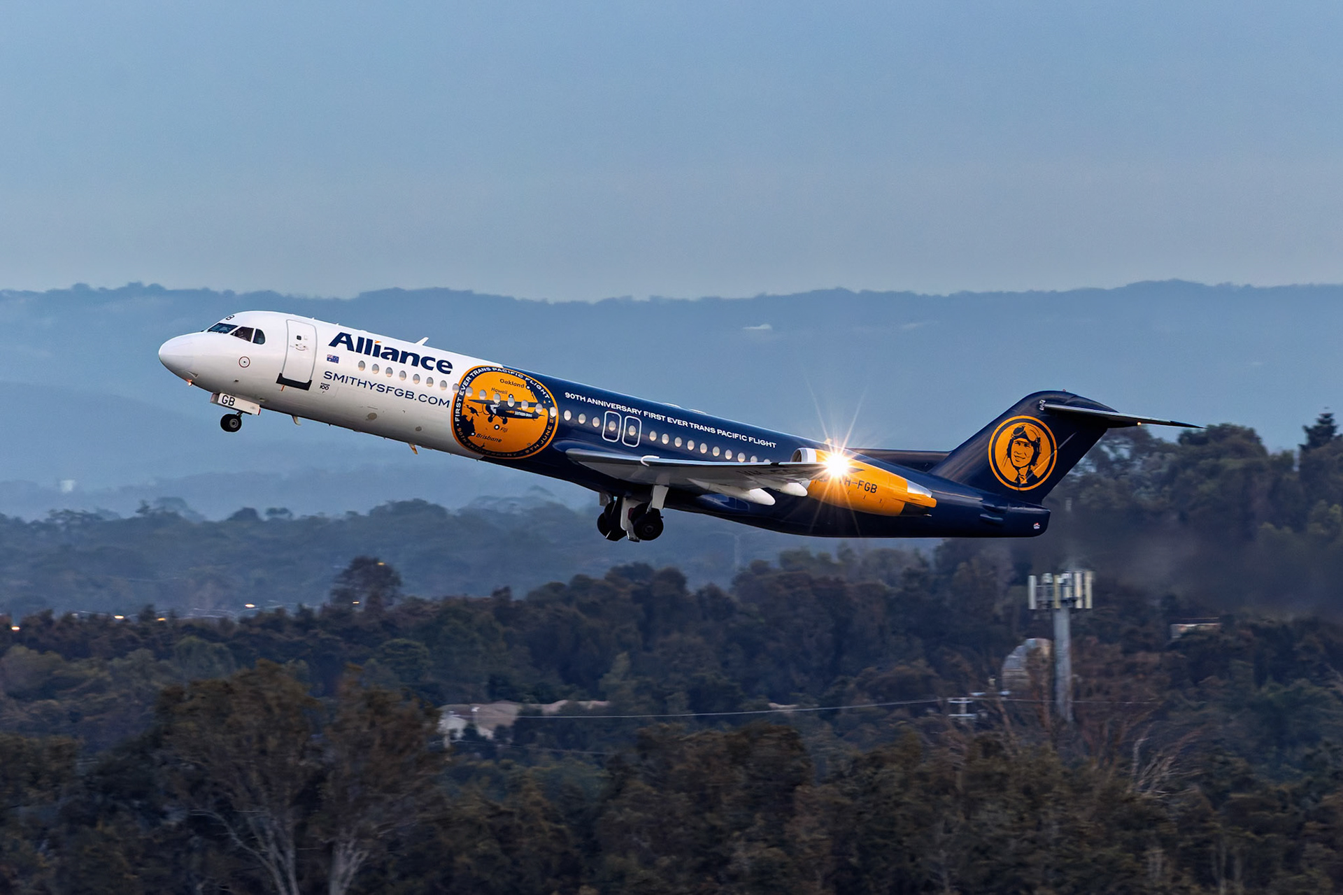 Alliance Airlines Fokker 100 (1st Trans Pacific Flight) [VH-FGB] Departing to Cloncurry at the Brisbane International Airport, Australia