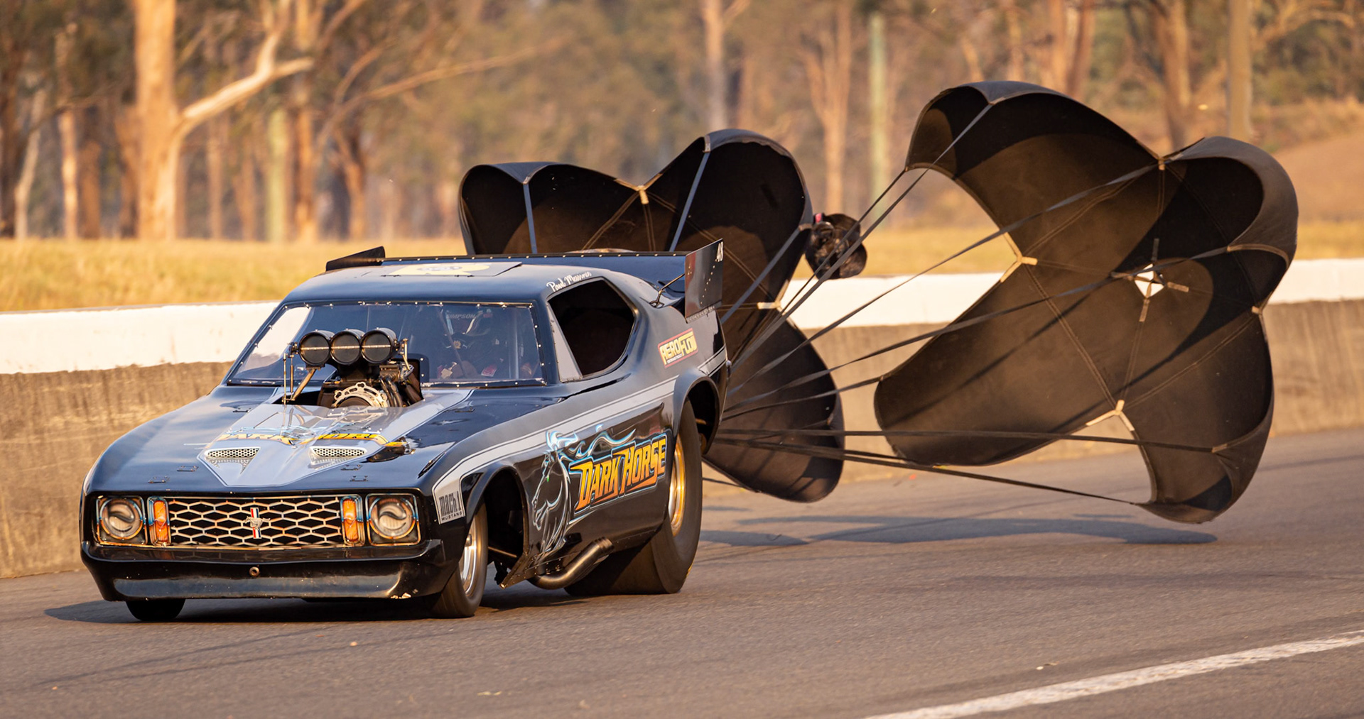 Competitor completing the run at the Aeroflow Outlaw Nitro Funnycar event on the 9th of November, 2019 at Willowbank Raceway in Queensland, Australia
