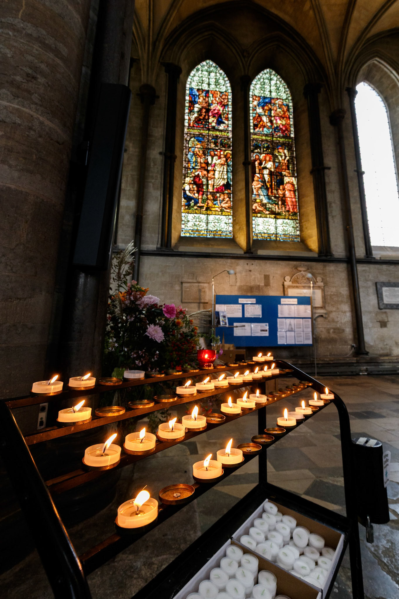 Looking up at the window inside Salisbury Cathedral in Salisbury, England