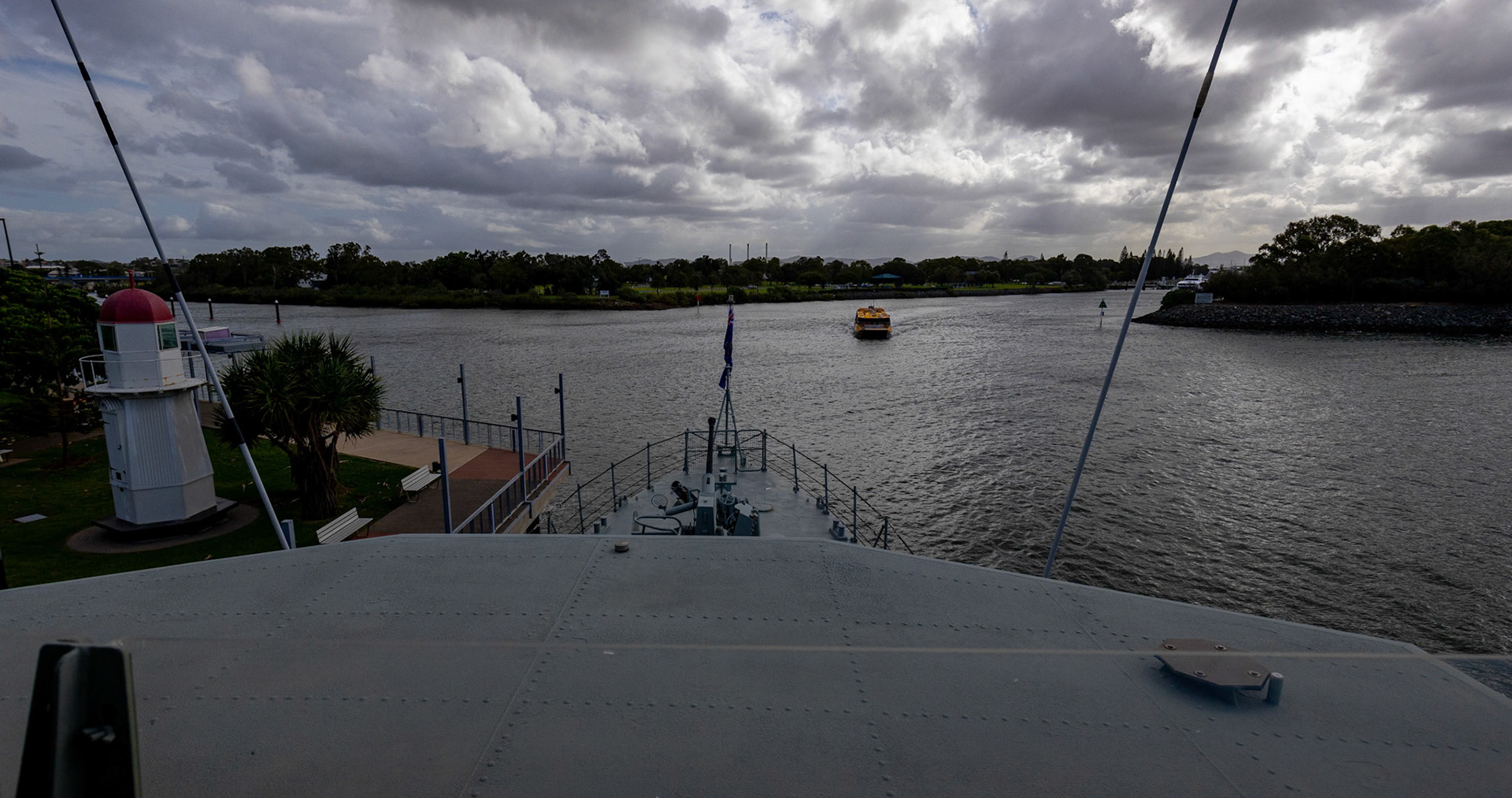 Onboard the HMAS Gladstone and looking at from out from the ships spotting deck in Gladstone, Australia