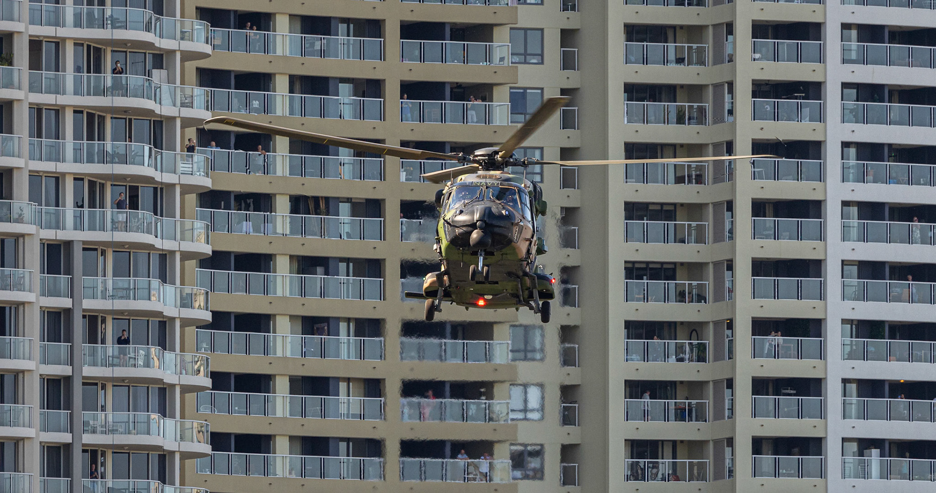 Army’s MRH90 helicopter based from RAAF Amberley conducting rehearsal flyovers of Brisbane CBD in support of Sunsuper Riverfire, Australia