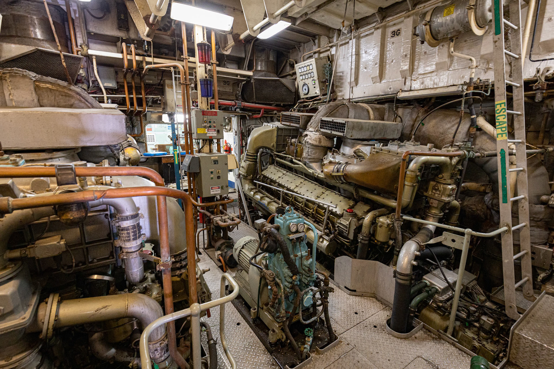 Onboard the HMAS Gladstone and in the engine room, in Gladstone, Australia