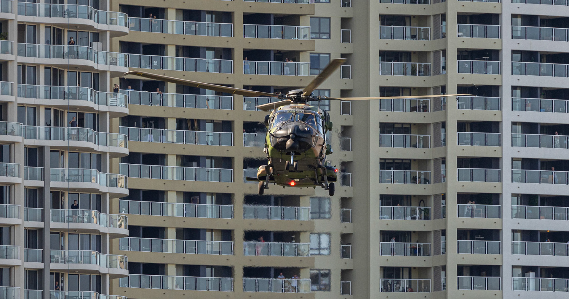 Army’s MRH90 helicopter based from RAAF Amberley conducting rehearsal flyovers of Brisbane CBD in support of the 2021 Sunsuper Riverfire, Australia