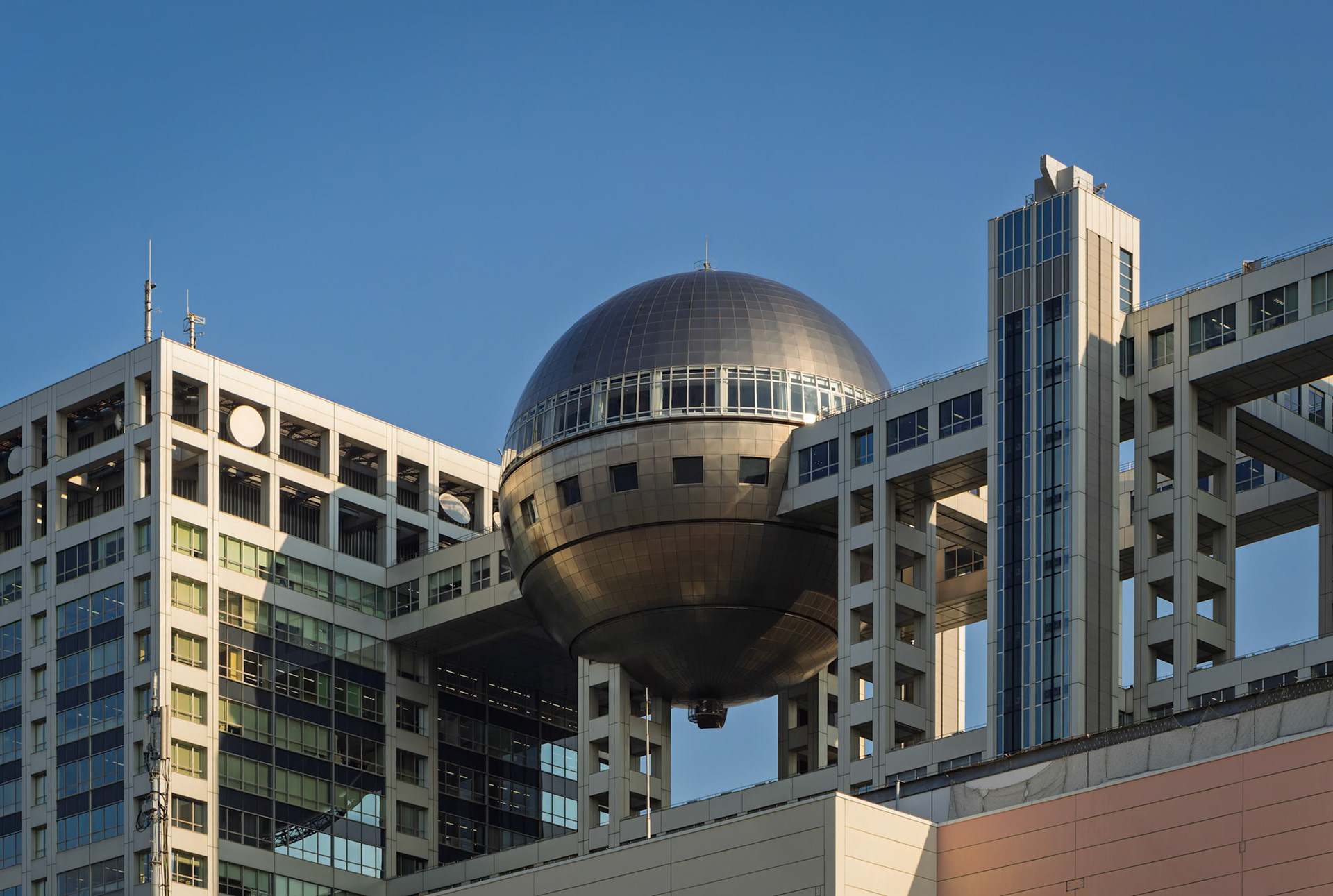 Fuji Television Headquarters from Odaiba Seaside Park in Tokyo, Japan
