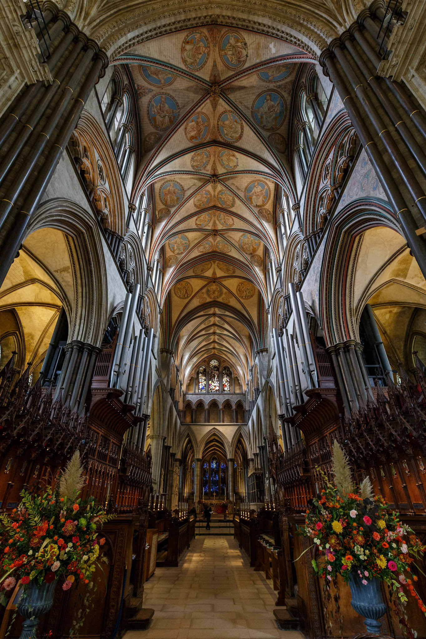 Looking up inside Salisbury Cathedral in Salisbury, England