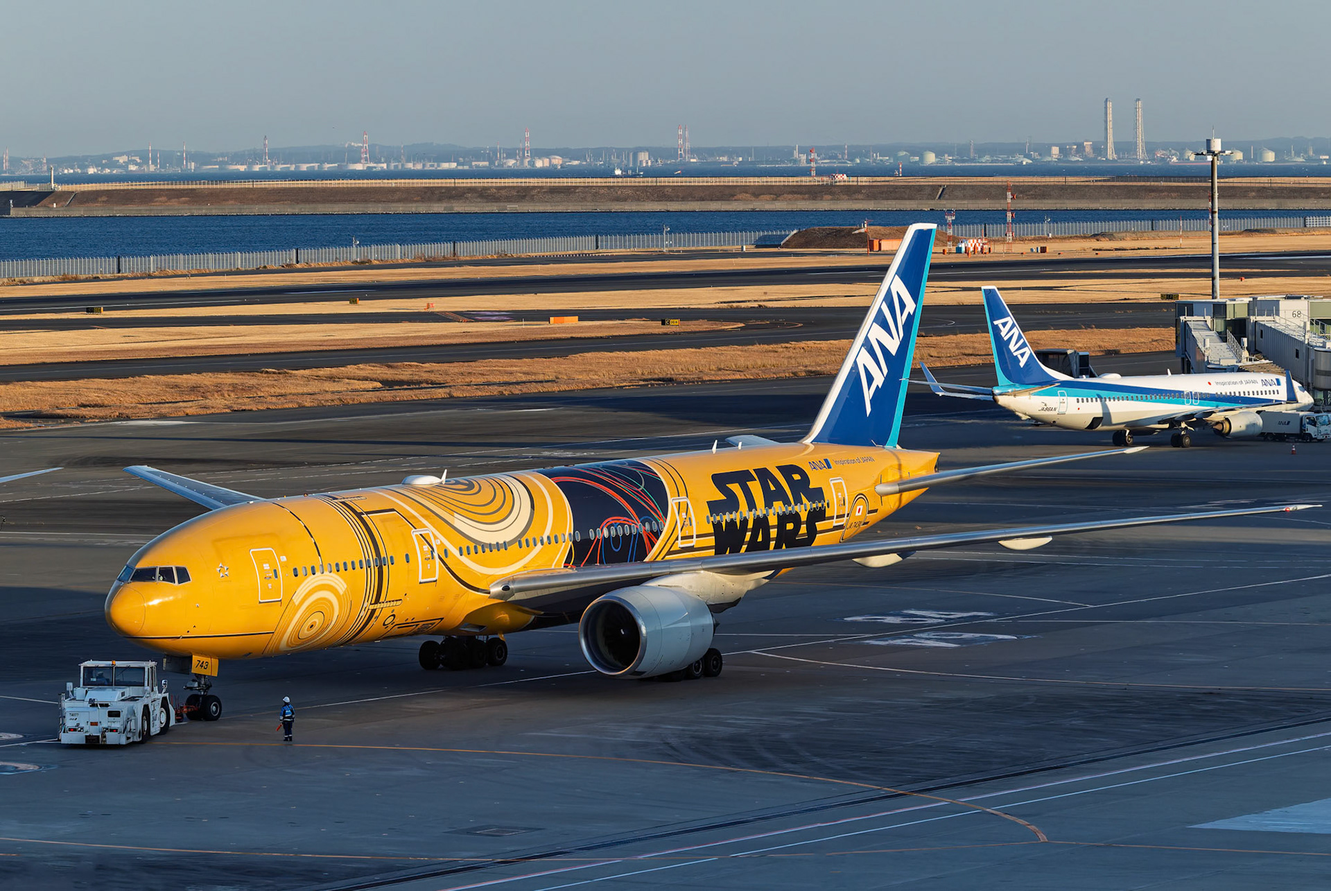 All Nippon Airways Boeing 777-281ER (JA743A) Departing to Chitose, Japan, captured from Terminal 2 viewing platform at Haneda Airport in Tokyo, Japan
