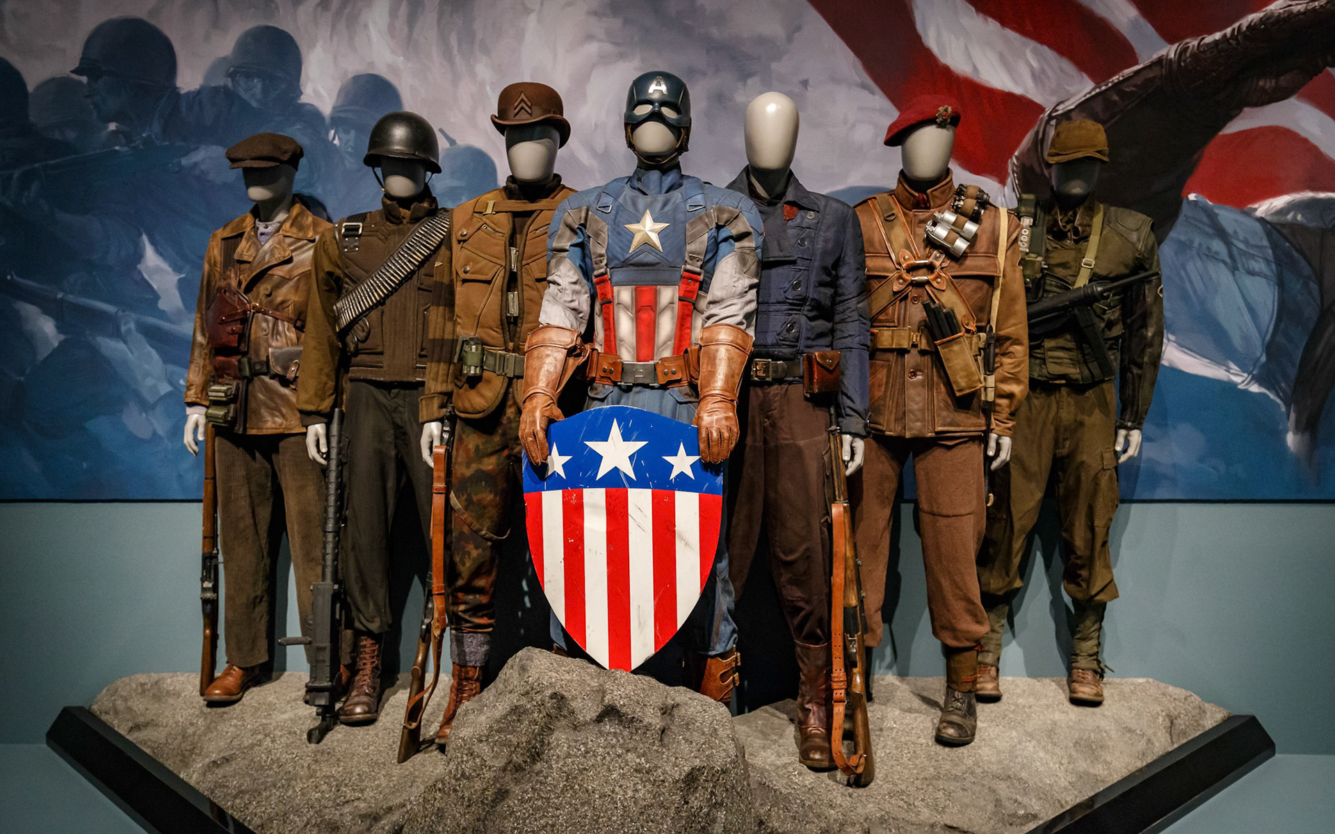 Captain America customes display at GOMA for the Marvel Exhibition, Brisbane