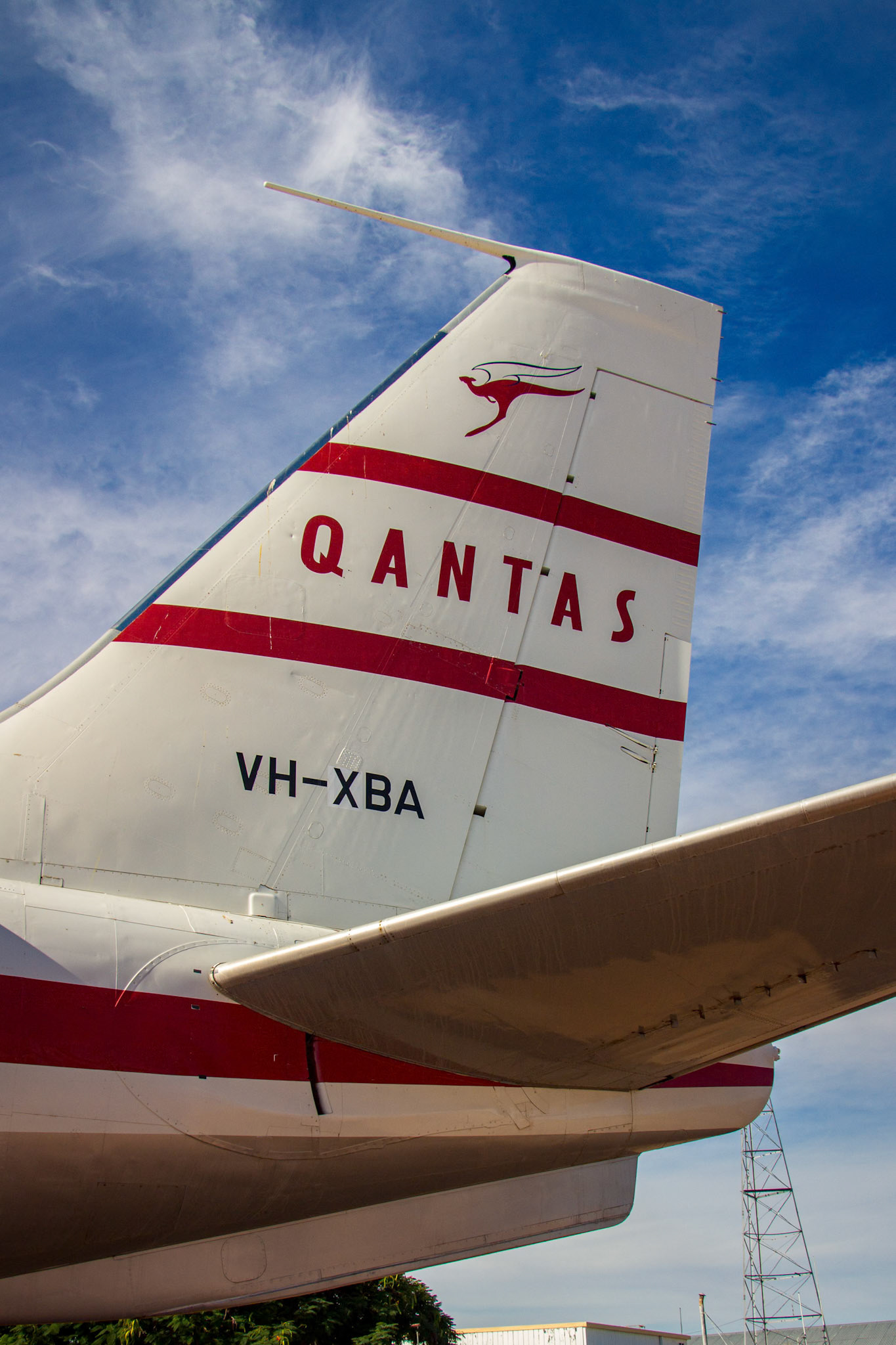 The tail of the 707 aircraft at the Qantas Founders Museum in Longreach, Australia