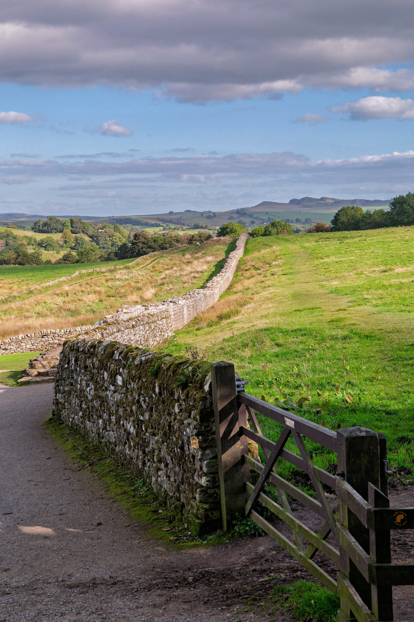 Hadrians Wall following the pathway in Cumbria, England