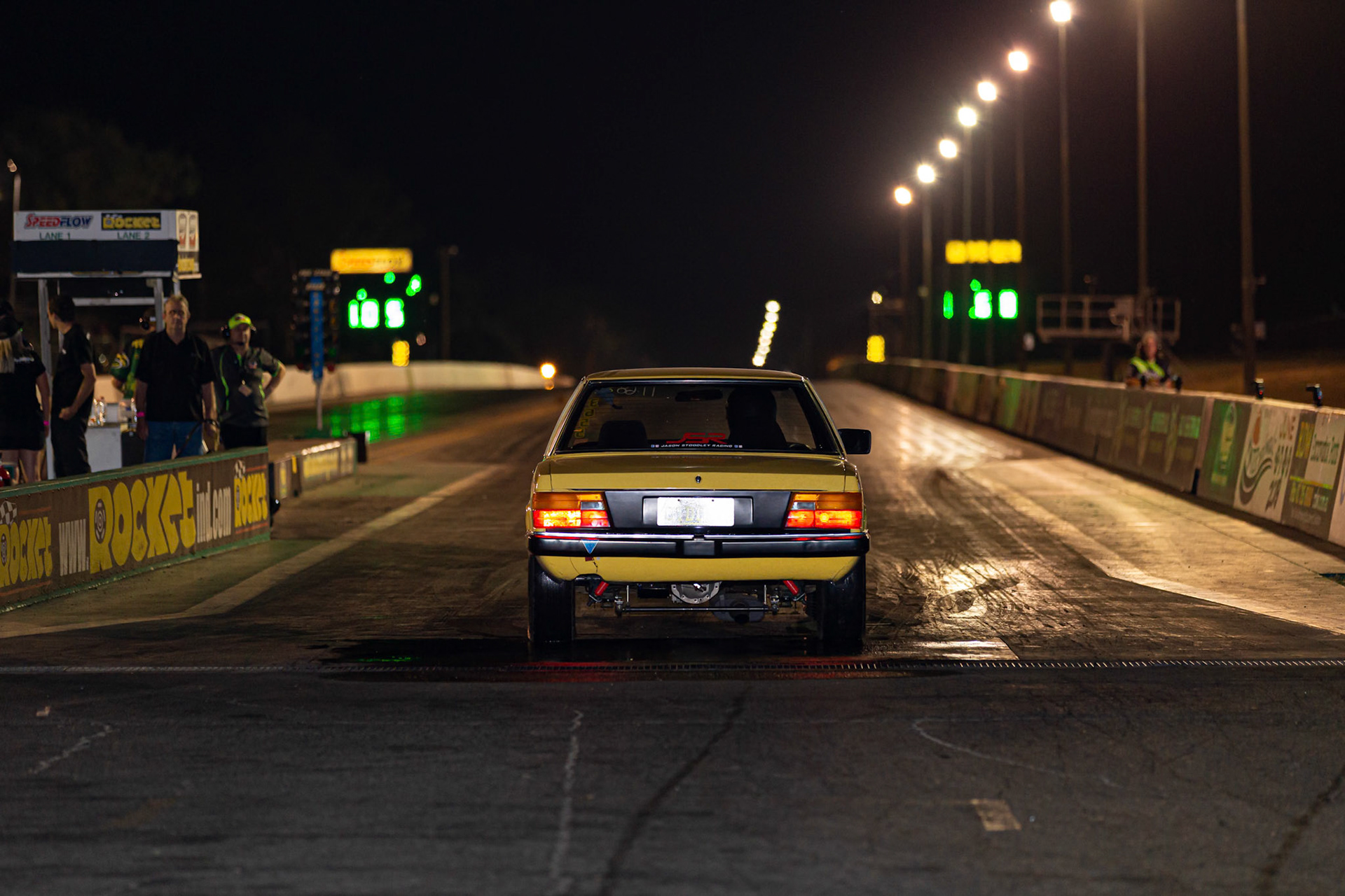 Competitor starting a run at the Aeroflow Outlaw Nitro Funnycar event on the 9th of November, 2019 at Willowbank Raceway in Queensland, Australia